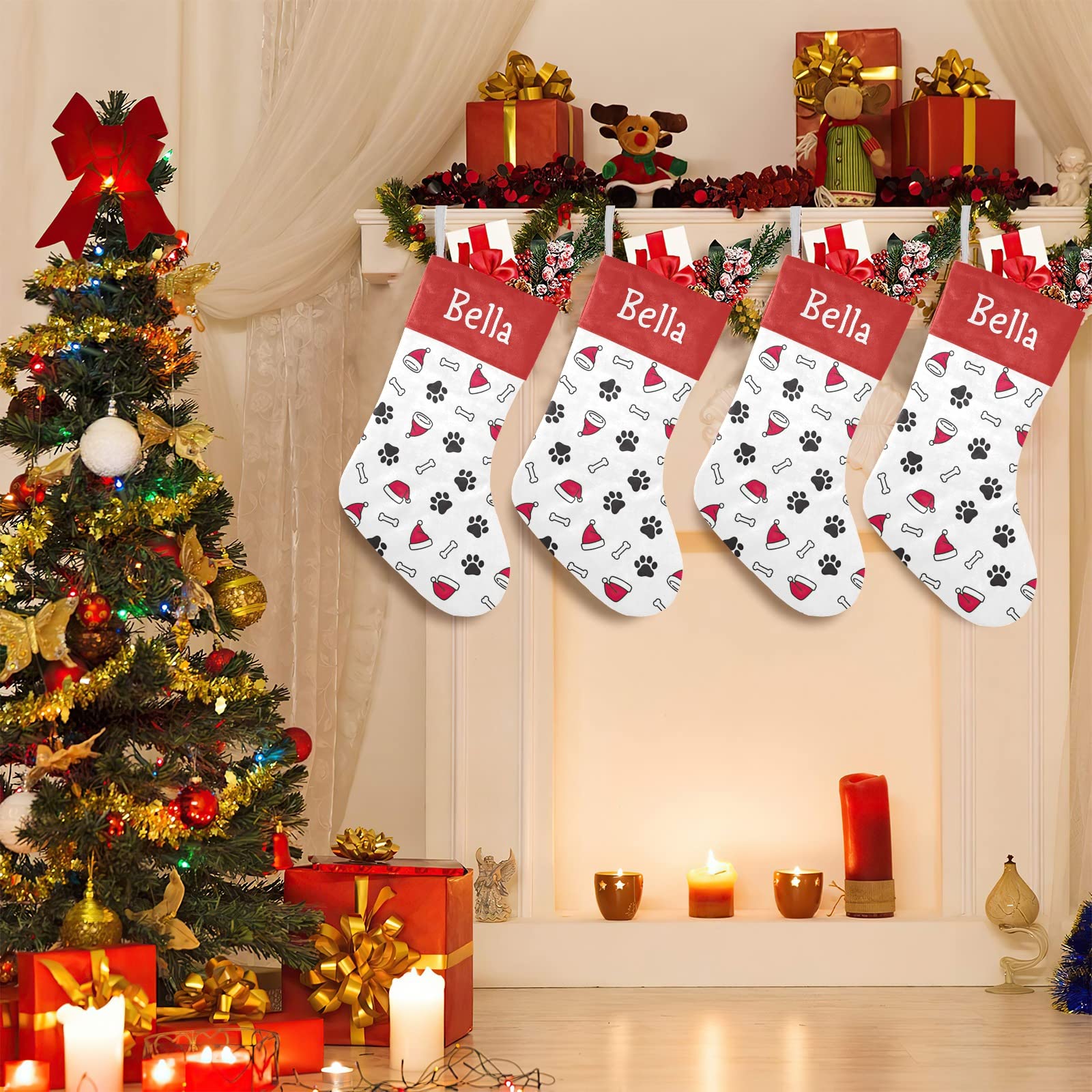 Personalized Name Cute Puppy Paws Santa Hats Bones Christmas Stockings Text Custom Xmas Holiday Pup Dog Gift Decor 17.52 x 7.87