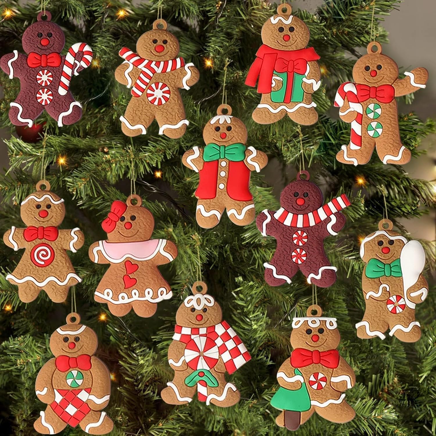 24pcs Gingerbread Man Ornaments for Christmas Tree, Assorted Gingerbread Figurines Ornaments, Christmas Tree Hanging Decorations
