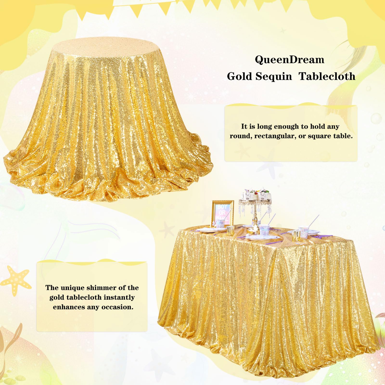 Queendream Glitter Gold Tablecloth For Parties 90X156 Inch Sequin Fabric Rectangle Table Cloth For Wedding Birthday Banquet