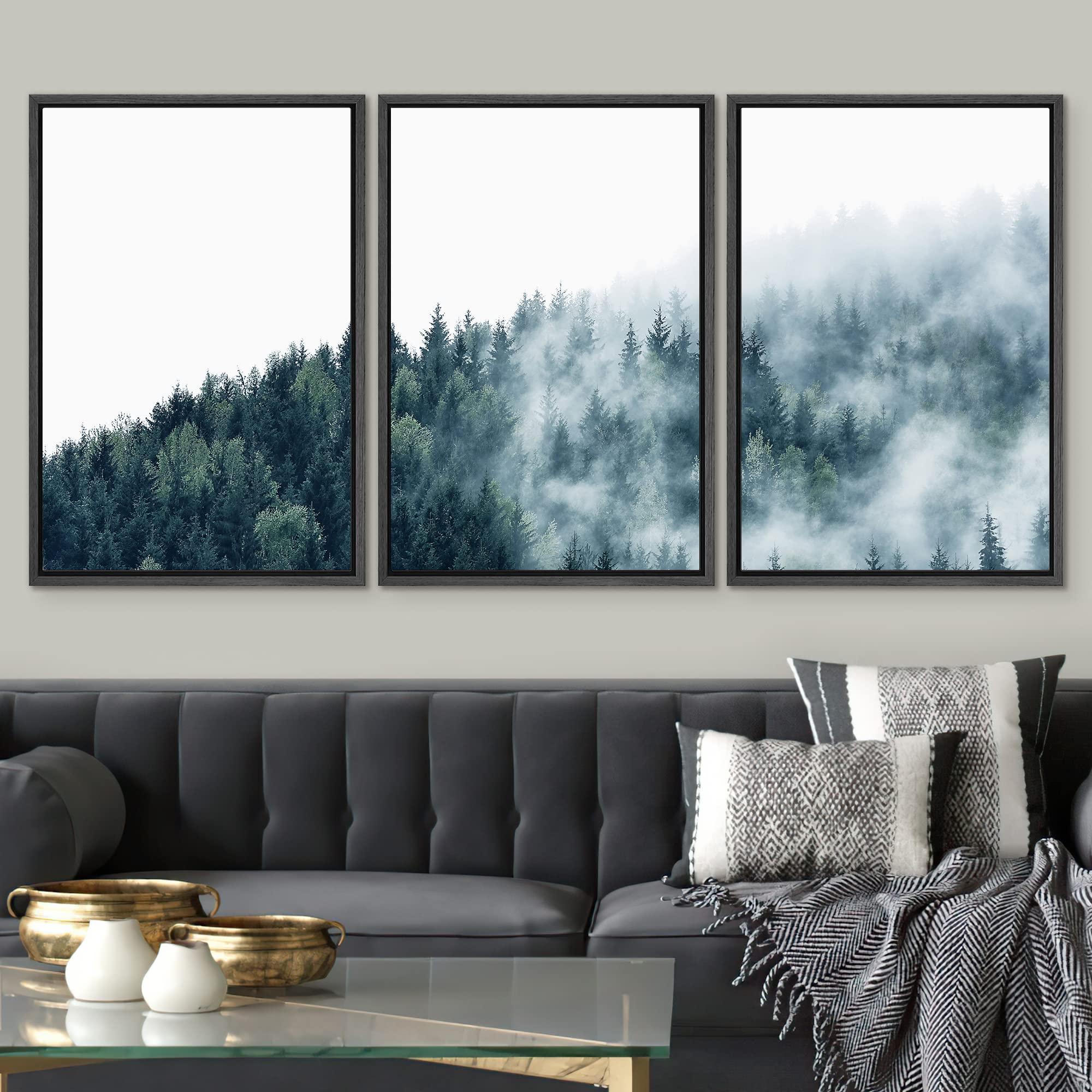 Signwin 3 Piece Framed Canvas Wall Art Misty Forest Nature Wilderness Photography Abstract Contemporary Landscape Canvas Prints