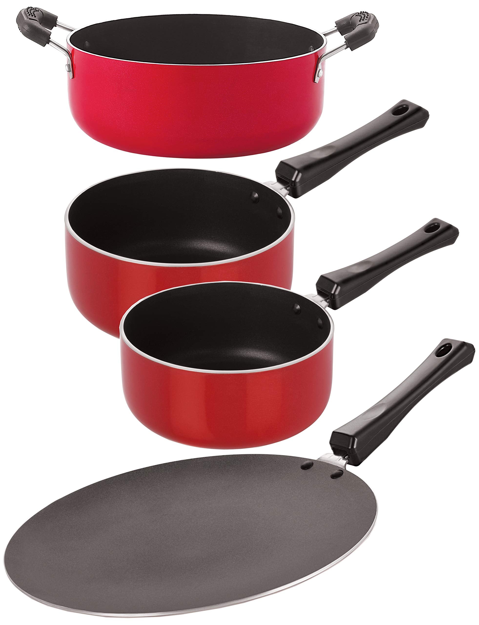 Nirlon NonStick Aluminum Cookware Set, 4Piece, Red And Black (2.6Mm_Ct12_Sp(M)_Sp(B)_Cass20)
