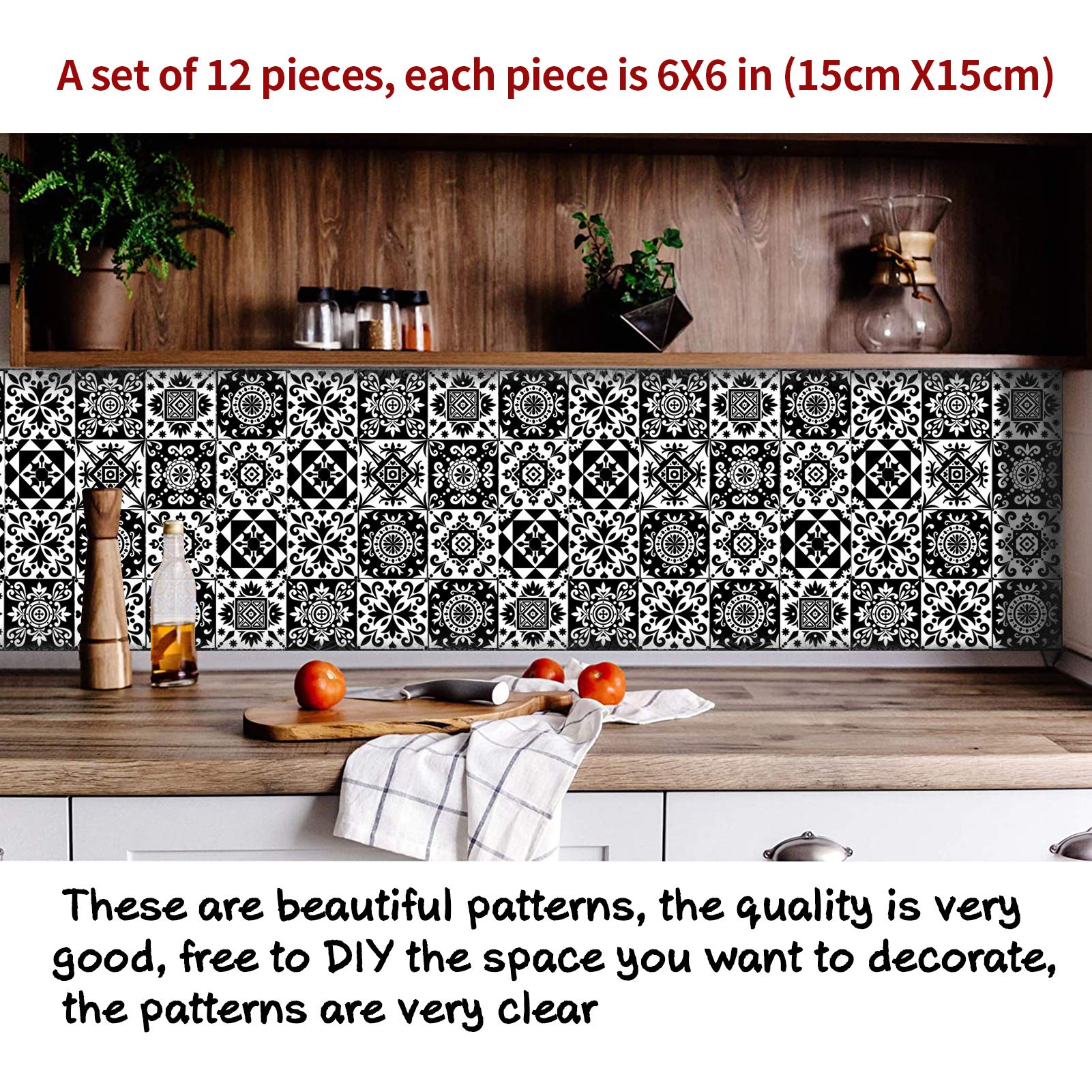 Kakofaci Black and White Tile Wall Stickers 12 Pcs (6X6 in) Kitchen and Bathroom Backsplash Decorative Stickers Removable Waterproof Decals Peel and Stick