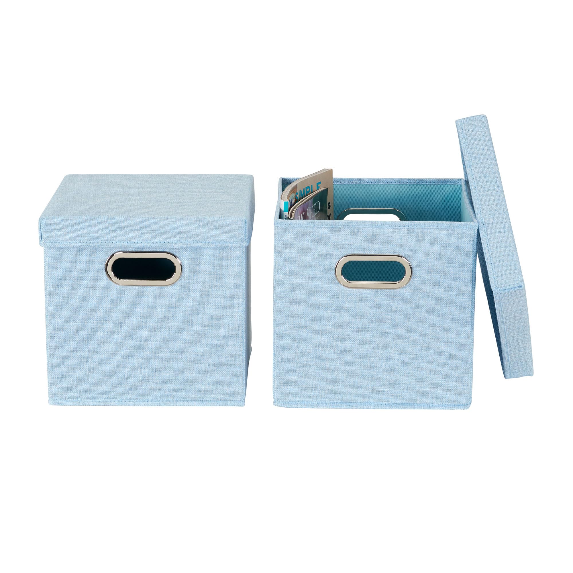 Household Essentials 816-1 Caf   Cube Bin Storage Set With Lids And Handles | 2 Pack, Baby Blue Linen