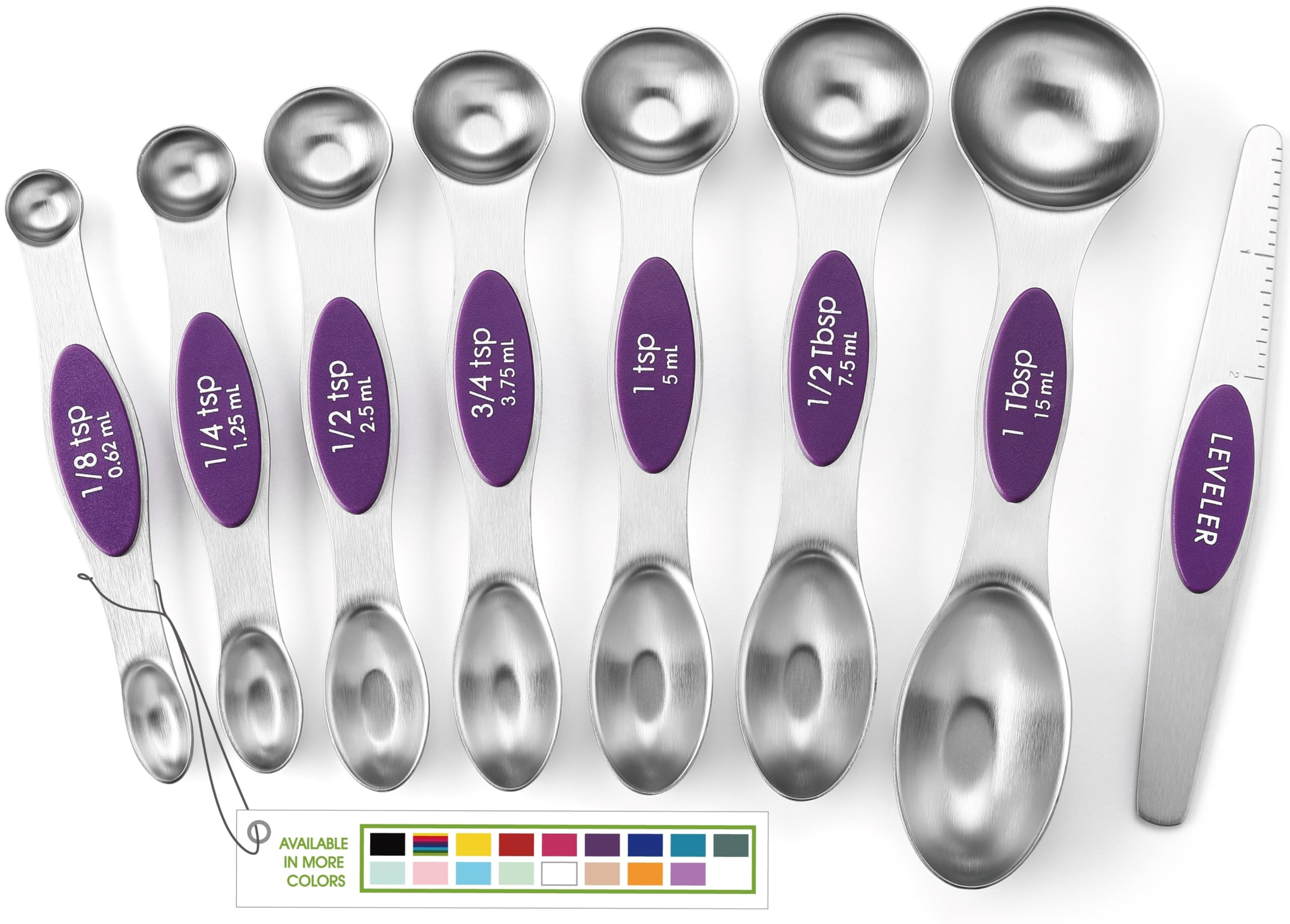 Spring Chef Purple Stainless Steel Magnetic Measuring Spoons Set Of 8 With Leveler, Dual Sided Metal Teaspoon & Tablespoon Measu