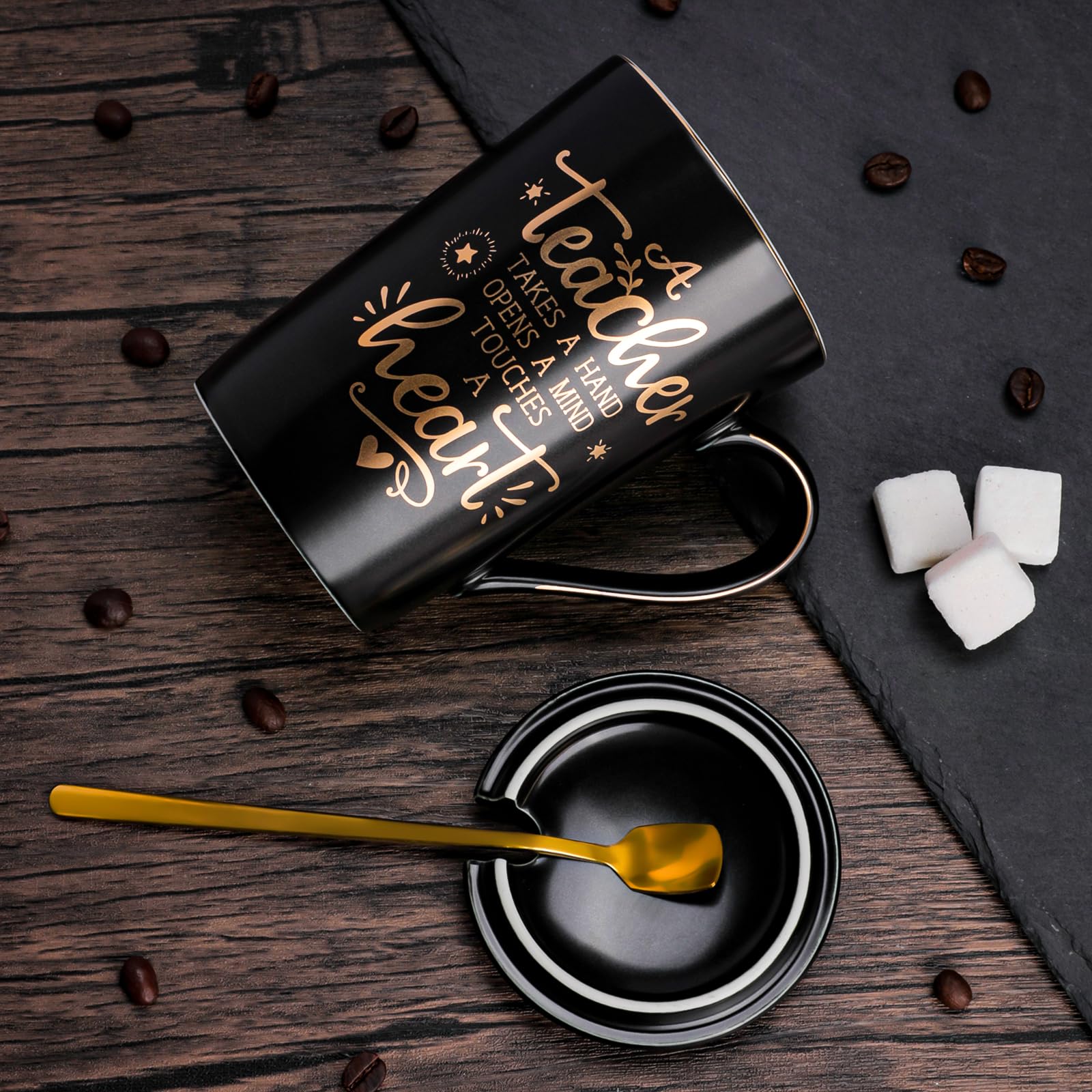 Best Teacher Appreciation Gifts for Men Women, 14oz Unique Black Ceramic Teacher Coffee Mug with Gold Print, Christmas Presents