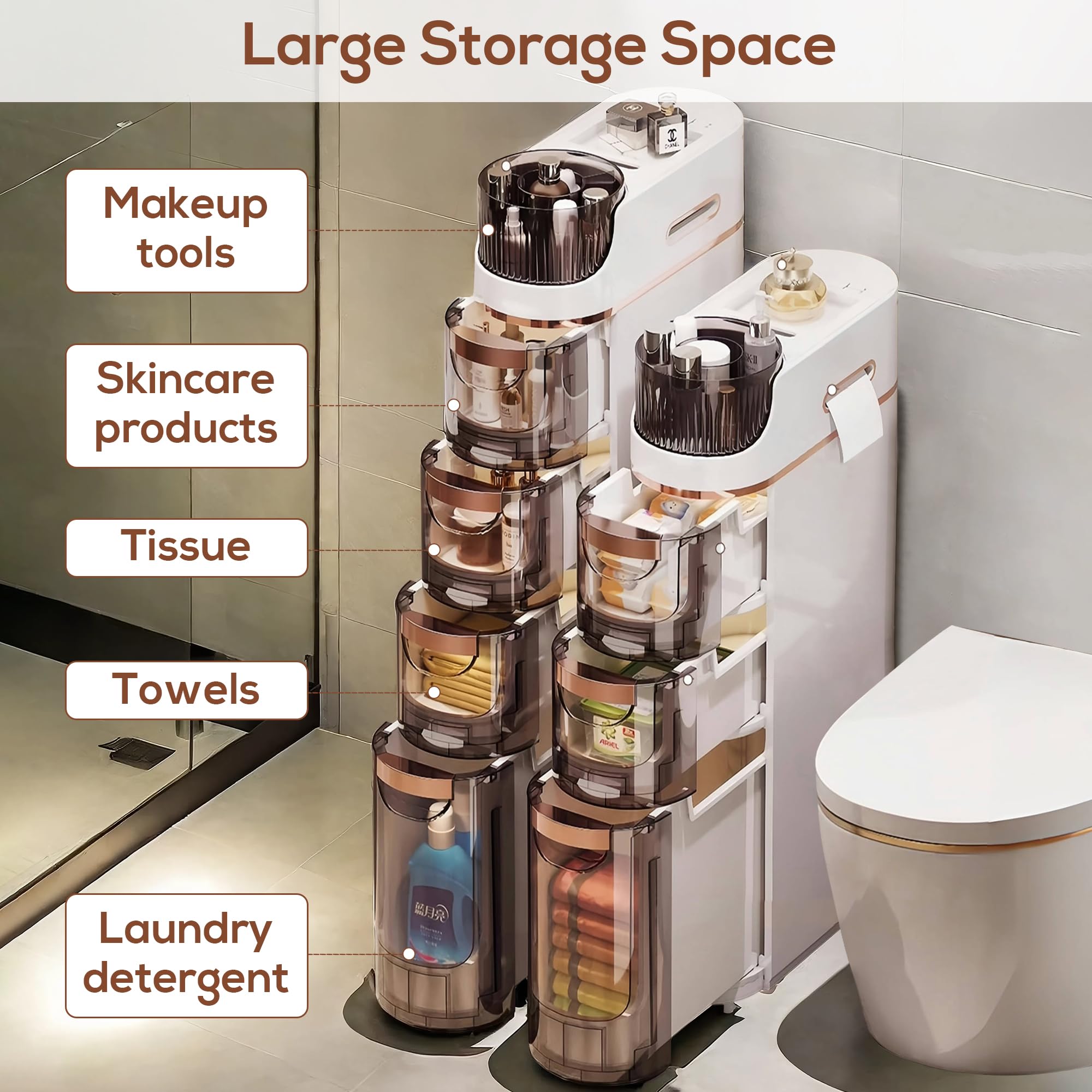 4 Drawers Slim Bathroom Storage Cabinet, Narrow Floor Cabinet With Wheels Toilet Paper Holder, Waterproof Bathroom Storage Organ