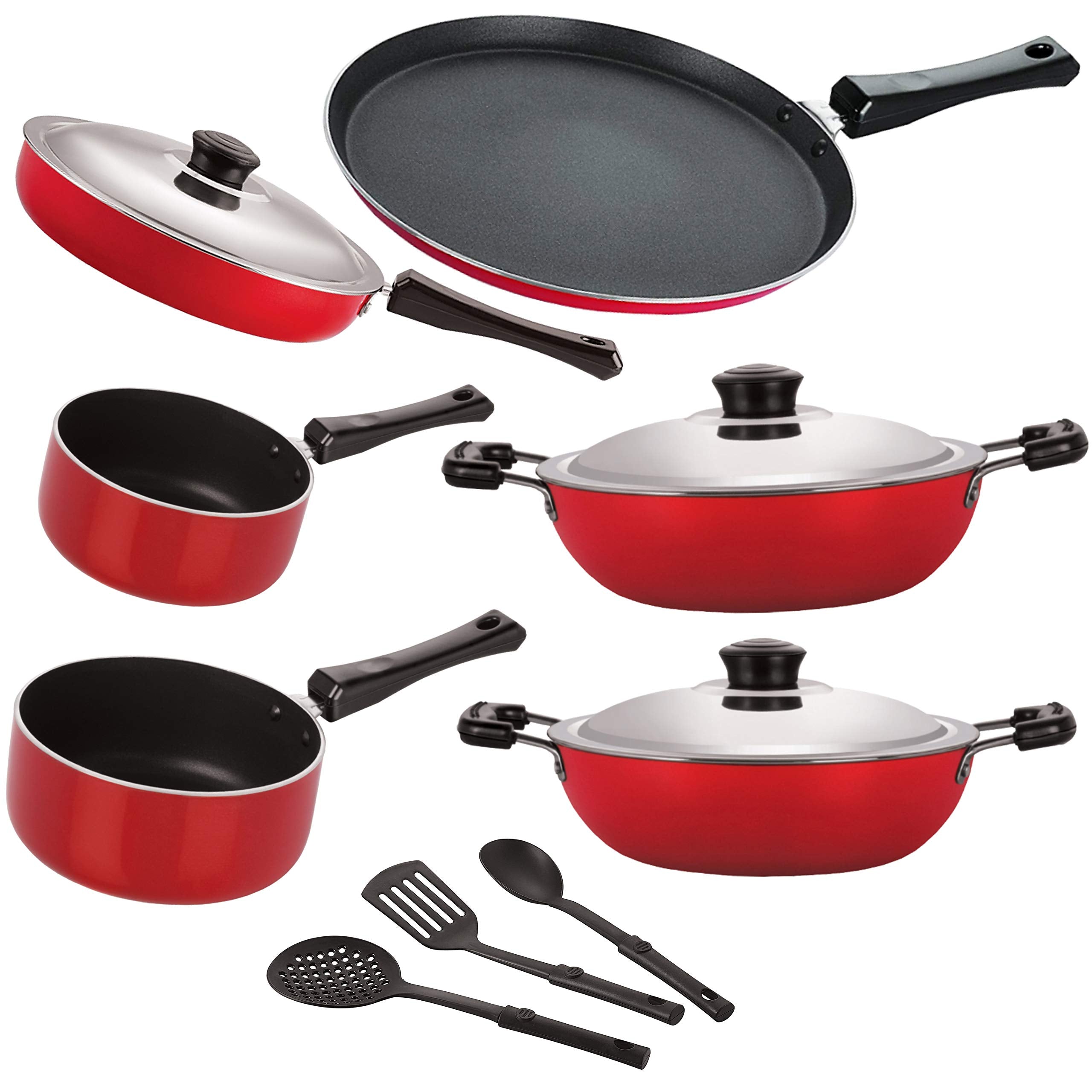 Nirlon Nonstick Aluminium Cookware Set, 9Pieces, Red & Black, 2.6Mm_Ft13_Dkdm_Dkdb_Spm_Spb_Fp12_3Spn