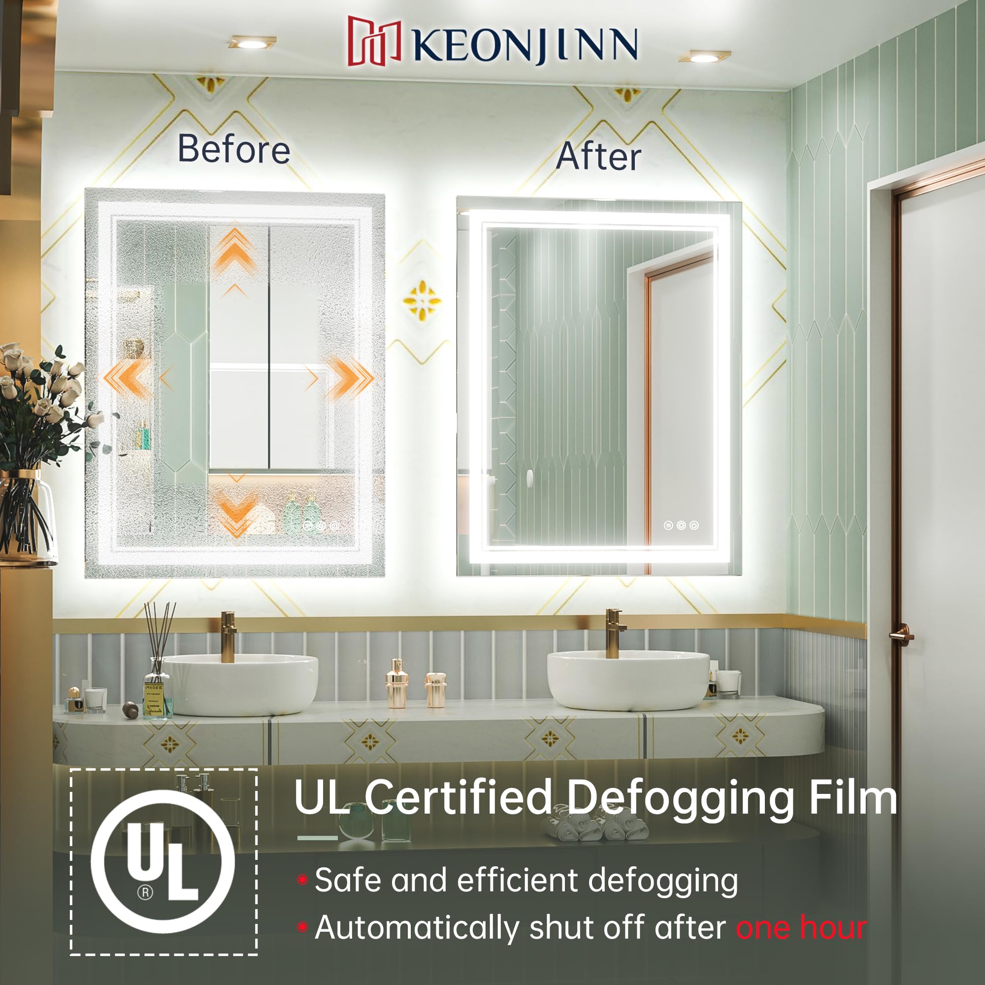 Keonjinn Led Bathroom Mirror With Lights, 28'' X 36'' Frontlit And Backlit, Stepless 3 Colors Temperature & Dimmable Wall Mirror