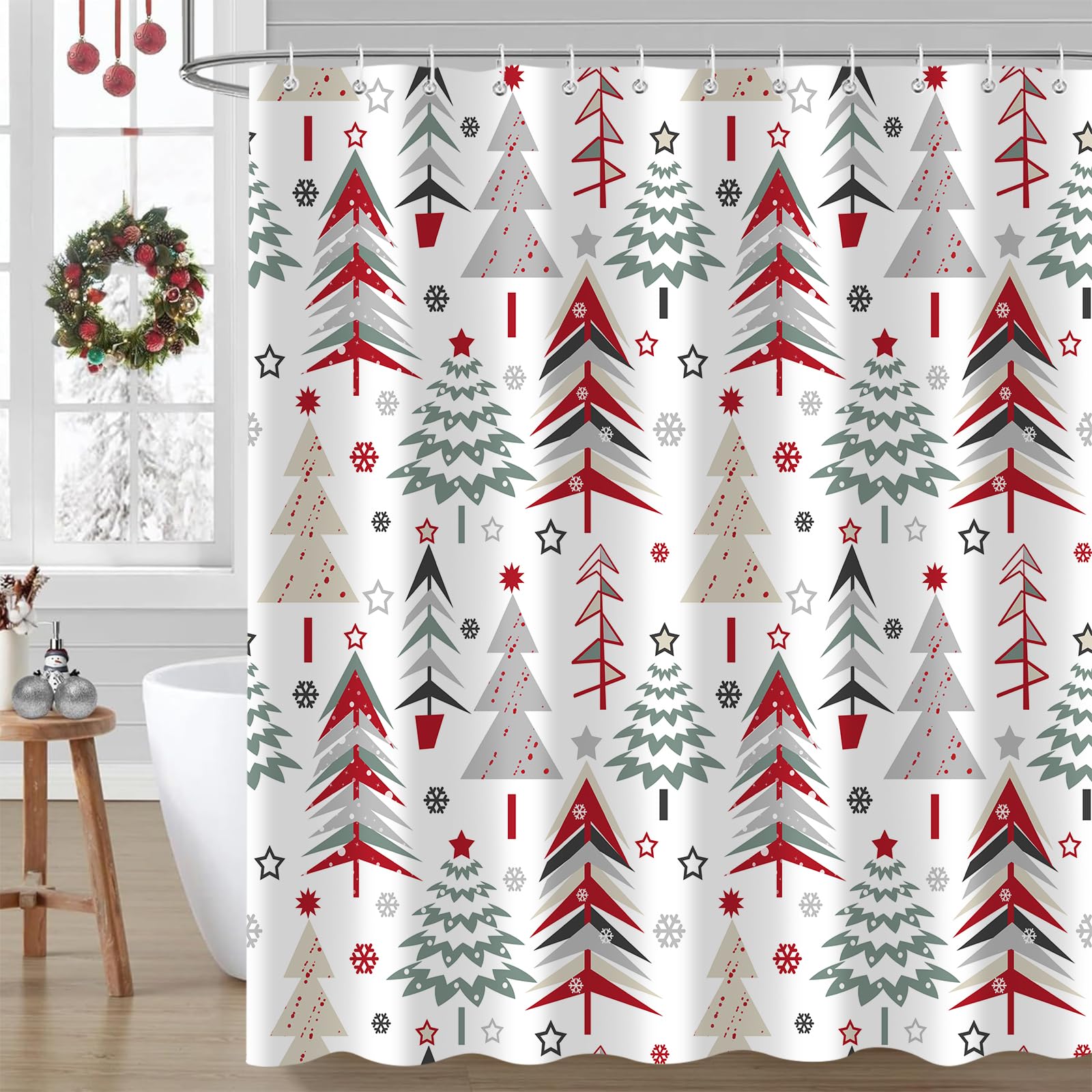 Paopoed Merry Christmas Shower Curtain, Christmas Tree New Year Holiday Xmas Tree Winter Shower Curtains For Bathroom, Waterproo