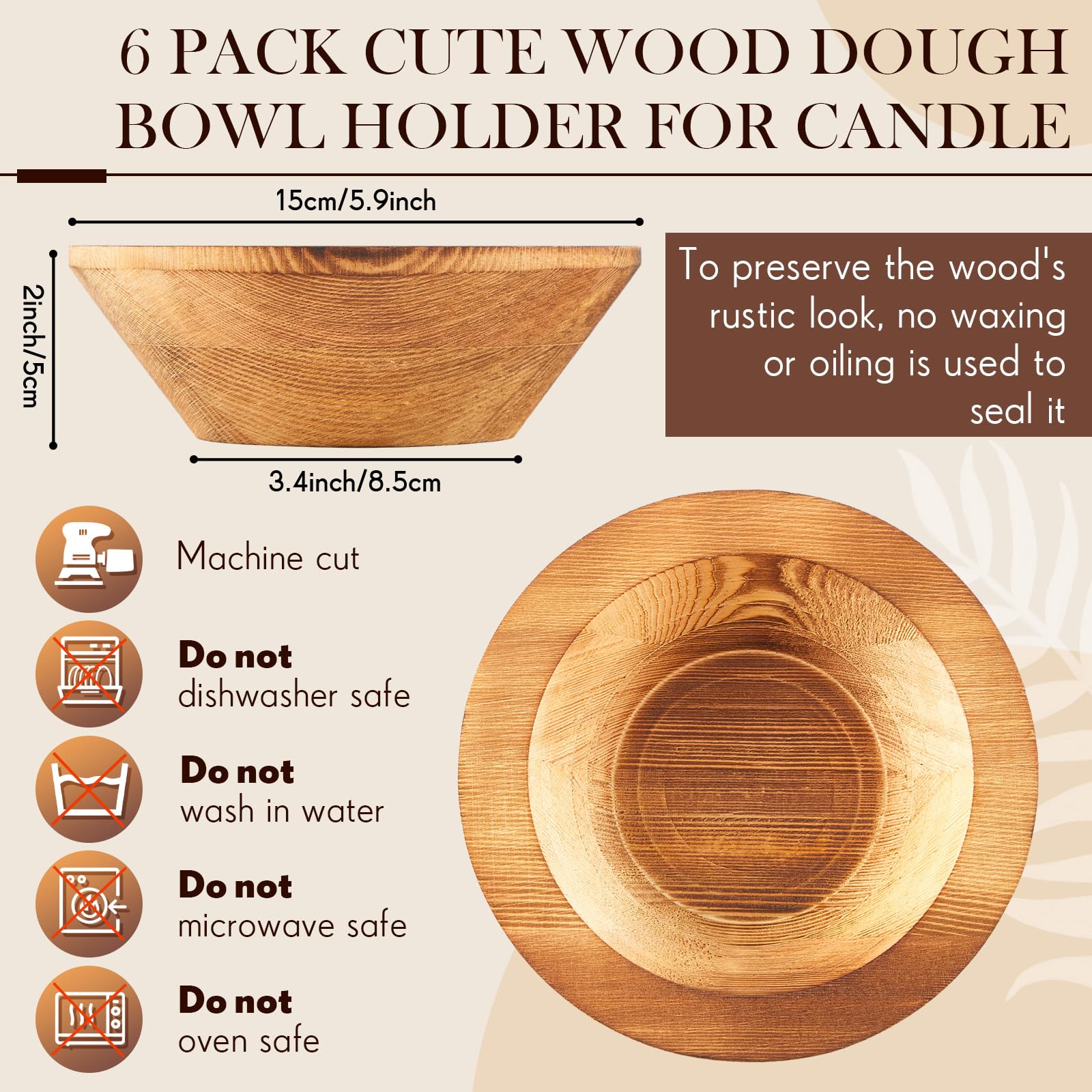 Tiangrid 6 Pcs Wooden Dough Bowls for Candles Making Passover Vintage Round Hand Carved Wood Bowl Bulk for DIY Crafts Decoration