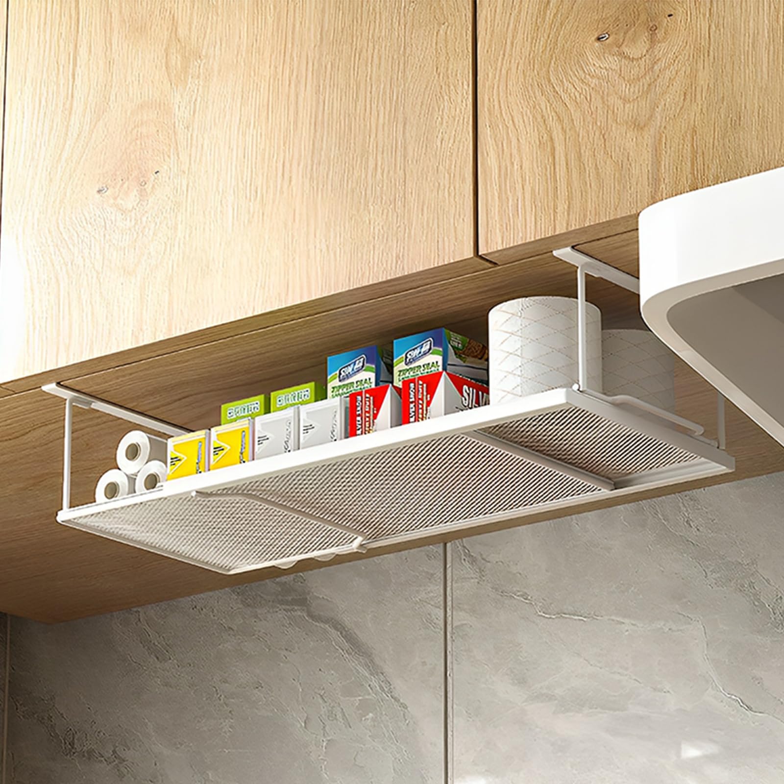 ROLIZOE 1 Pack Expandable Under Cabinet Shelf, Under Shelf Basket with 0.94 Inches Thick Clips for Kitchen Cupboard, Metal Hangi