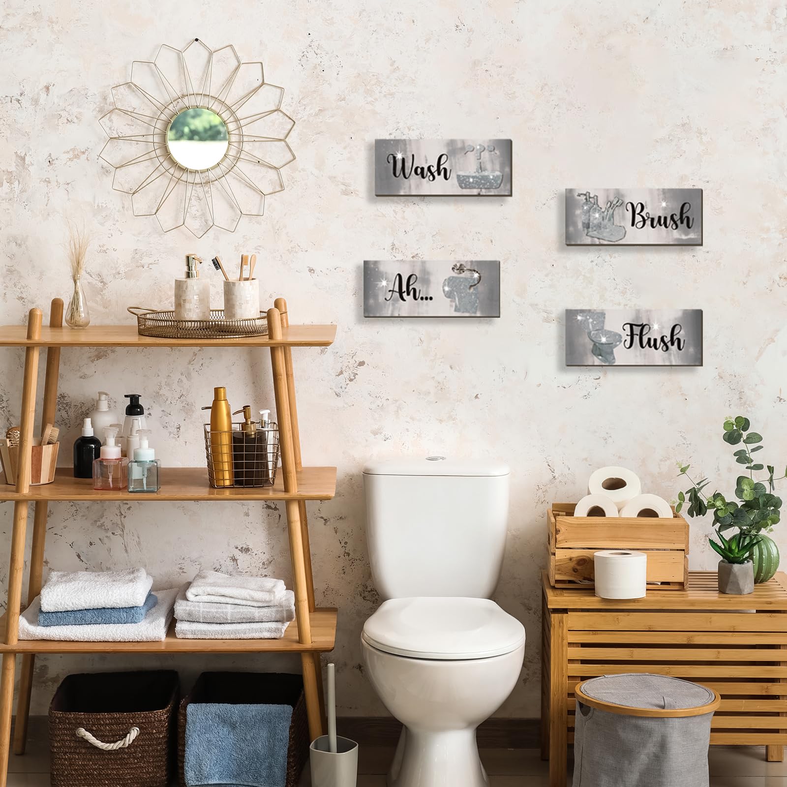 FENCORDAR 4 Pcs Silver Bathroom Decor Abstract Grey Black White Wall Decor Wooden Silver Bathroom Accessories Modern Funny Glitt