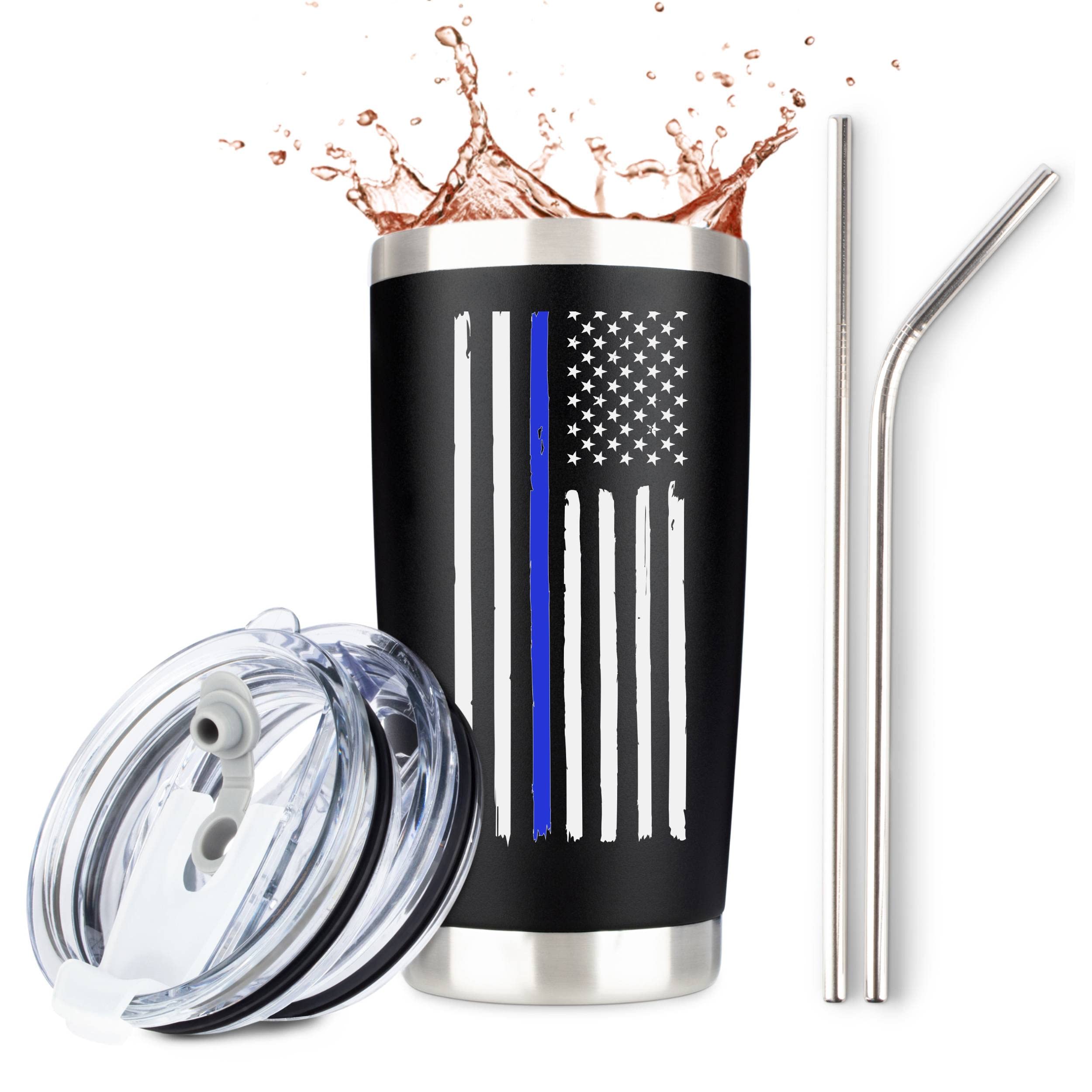 Jenvio Thin Blue Line Police Tumbler | Stainless Steel Travel Mug Including 2 Lids 2 Straws Gift Box For Coffee Cup | Correction