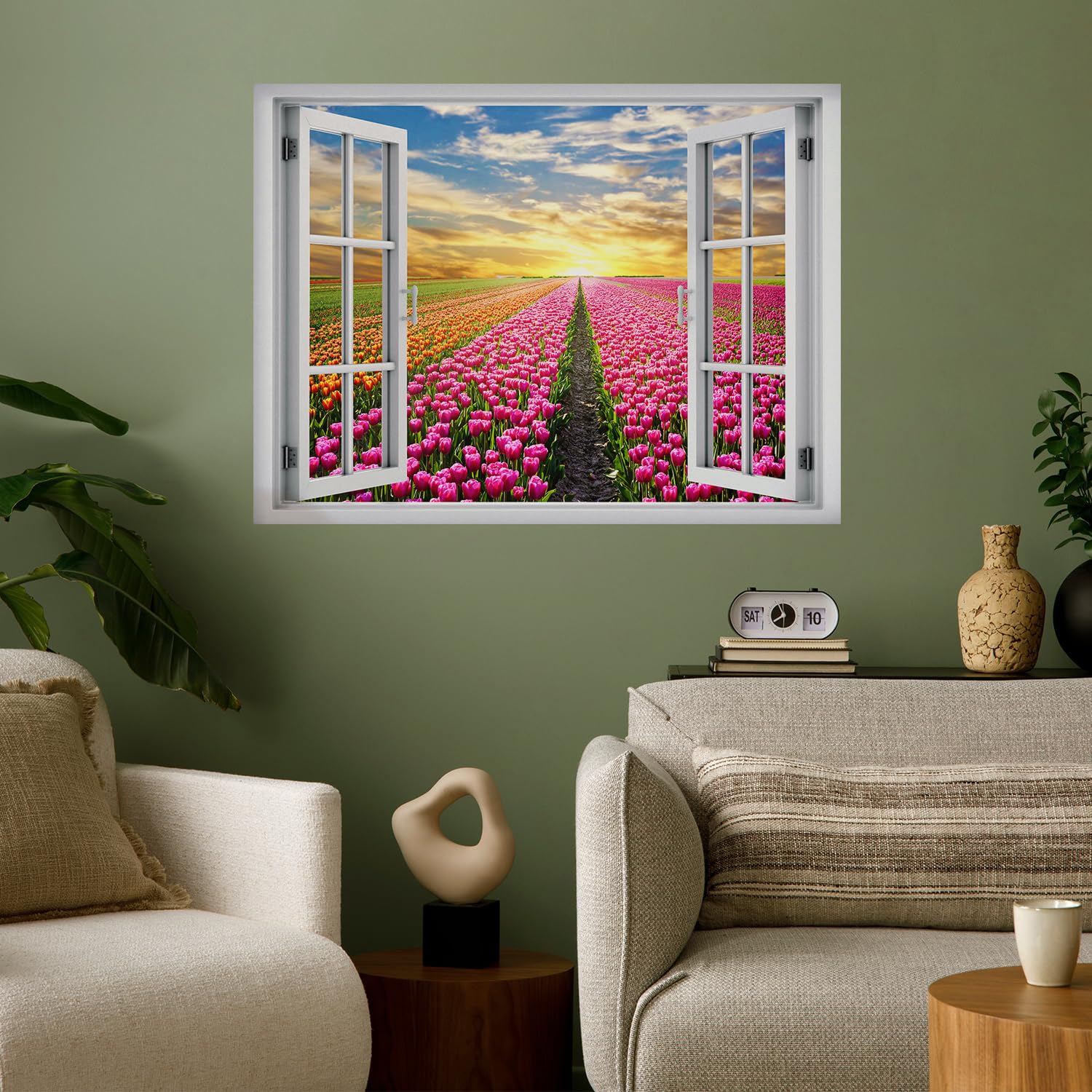 wall26 Removable Wall Sticker/Wall Mural Window View Vibrant Neon Sunset Pink Tulip Flower Field Nature Wilderness Photography Realism Landscape Multicolor for Living Room  Bedroom  Office - 24''x32''