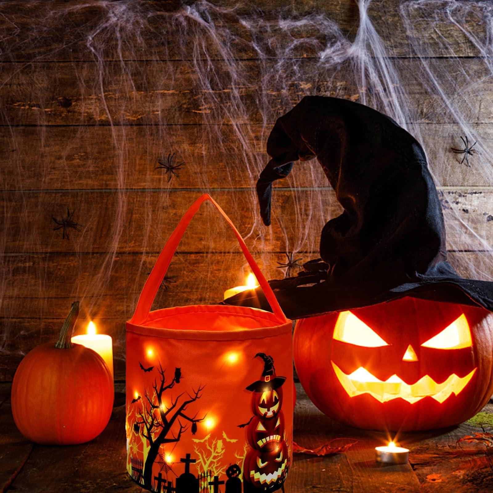 Halloween Trick Or Treat Candy Bags Led Light Up Pumpkin Bucket, Collapsible Reusable Candy Basket, Fabric Tote Gift Goody Bags