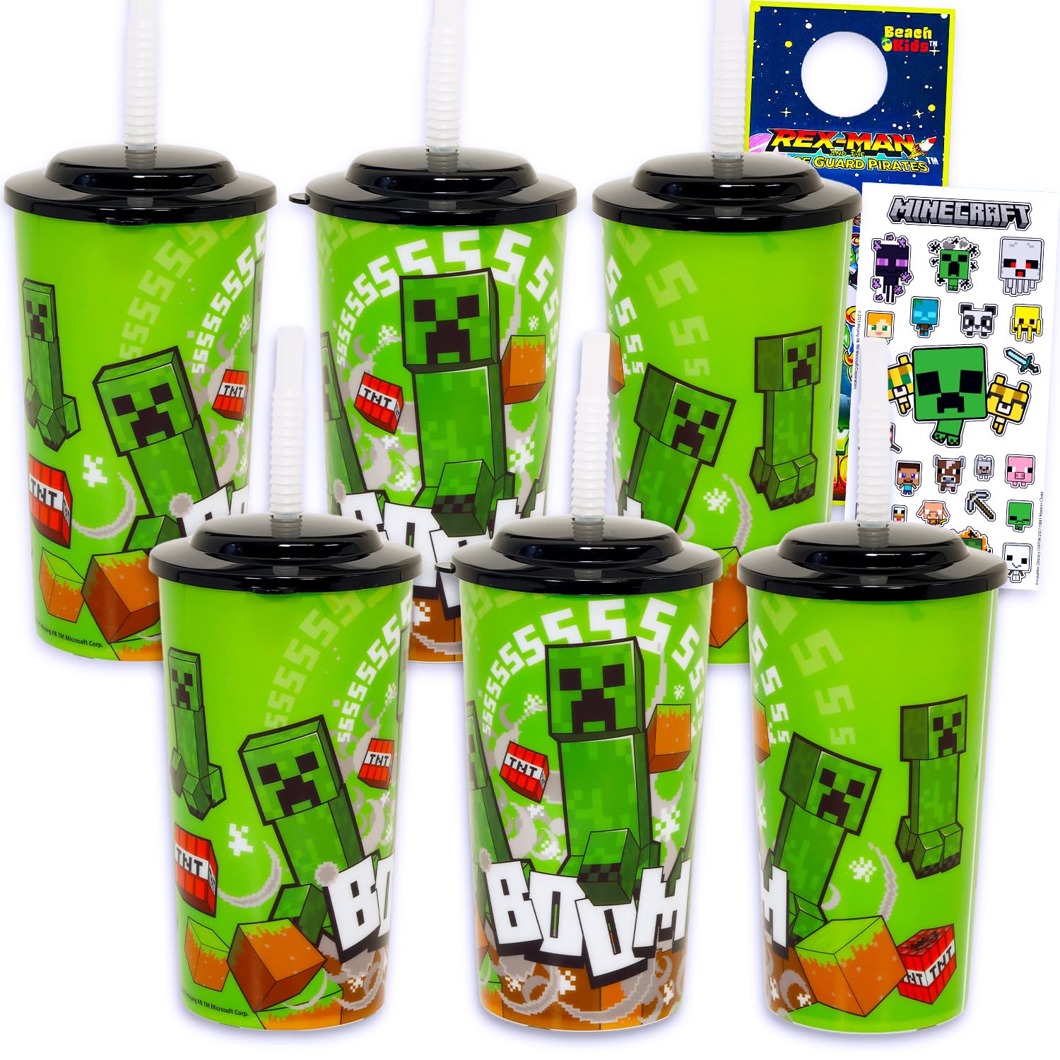 Minecraft Kids 16 Oz Reusable Cups  Video Game Party Favor 6 Piece Bundle with 16 Oz Cup with Lid and Straw Plus Stickers for B