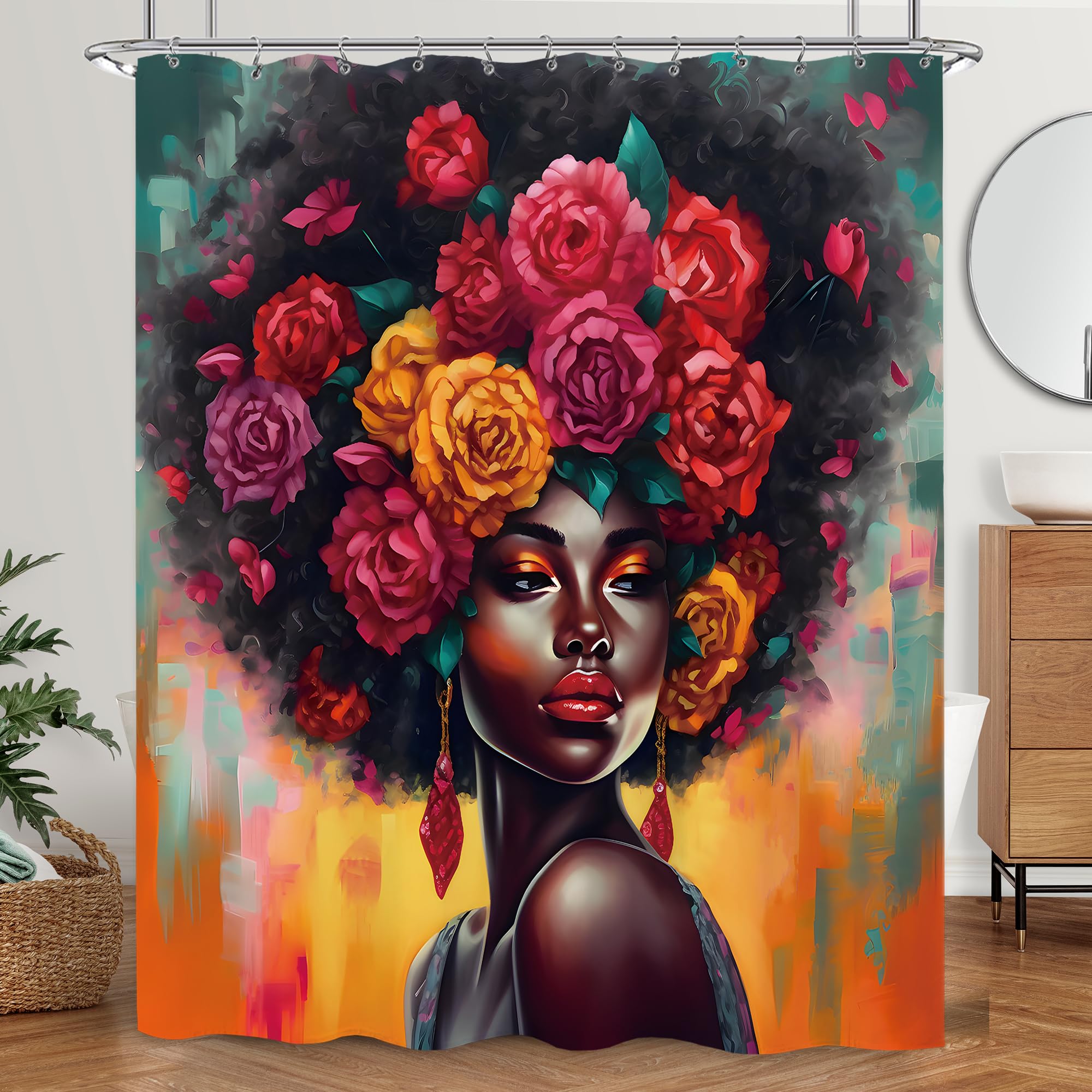 Laifzere African American Black Girl Shower Curtain Black Woman Shower Curtain For Bathroom Set Rose Afro Flower Floral Colorful