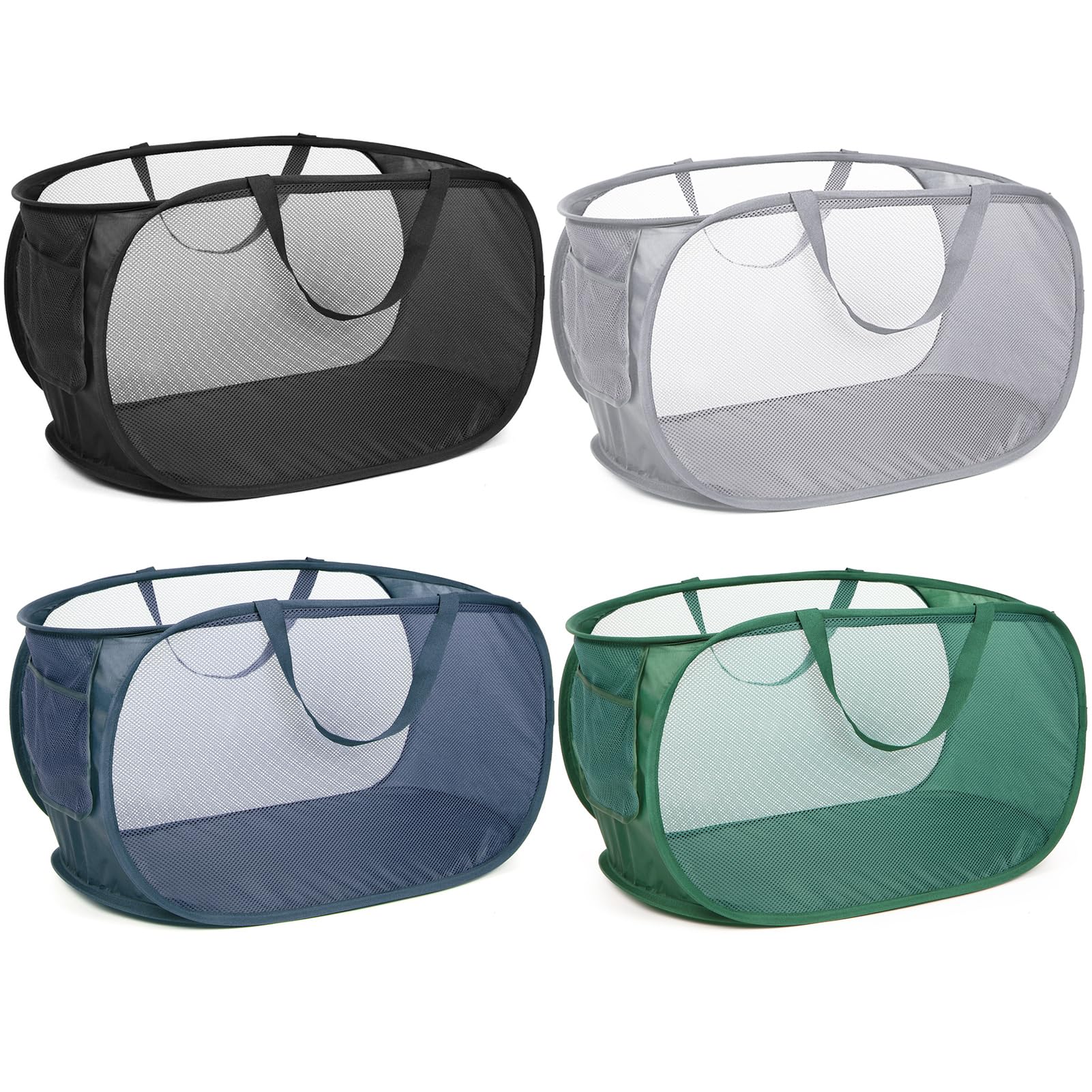 4 Pack Durable Collapsible Laundry Baskets, Mesh Foldable Laundry Basket, Pop Up Laundry Hamper With Pocket, Clothes Hamper With