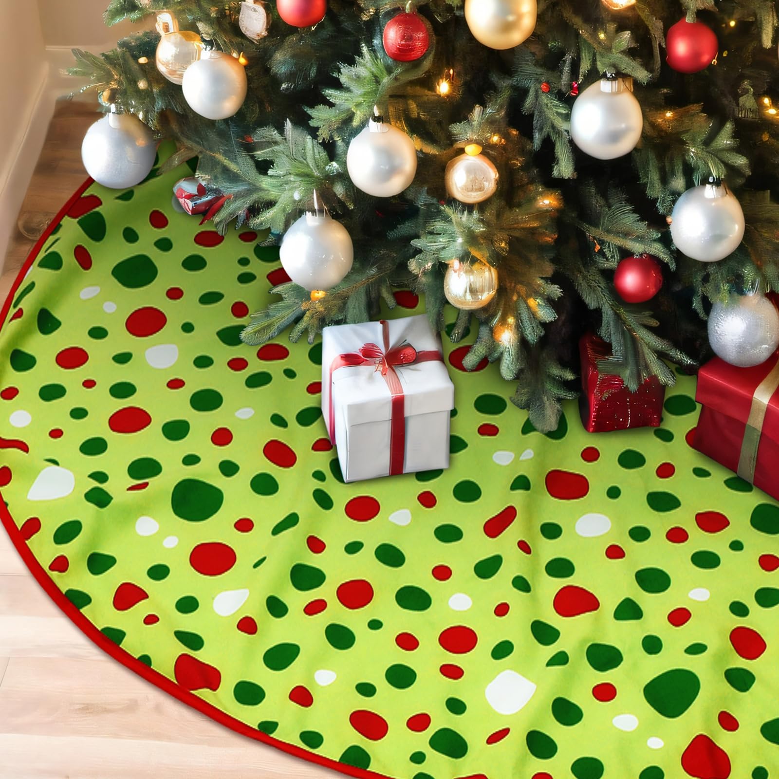 36 Inches Christmas Tree Skirt Green Mat Red and Green Polka Dot Christmas Tree Skirt for Holiday Party Xmas Decoration