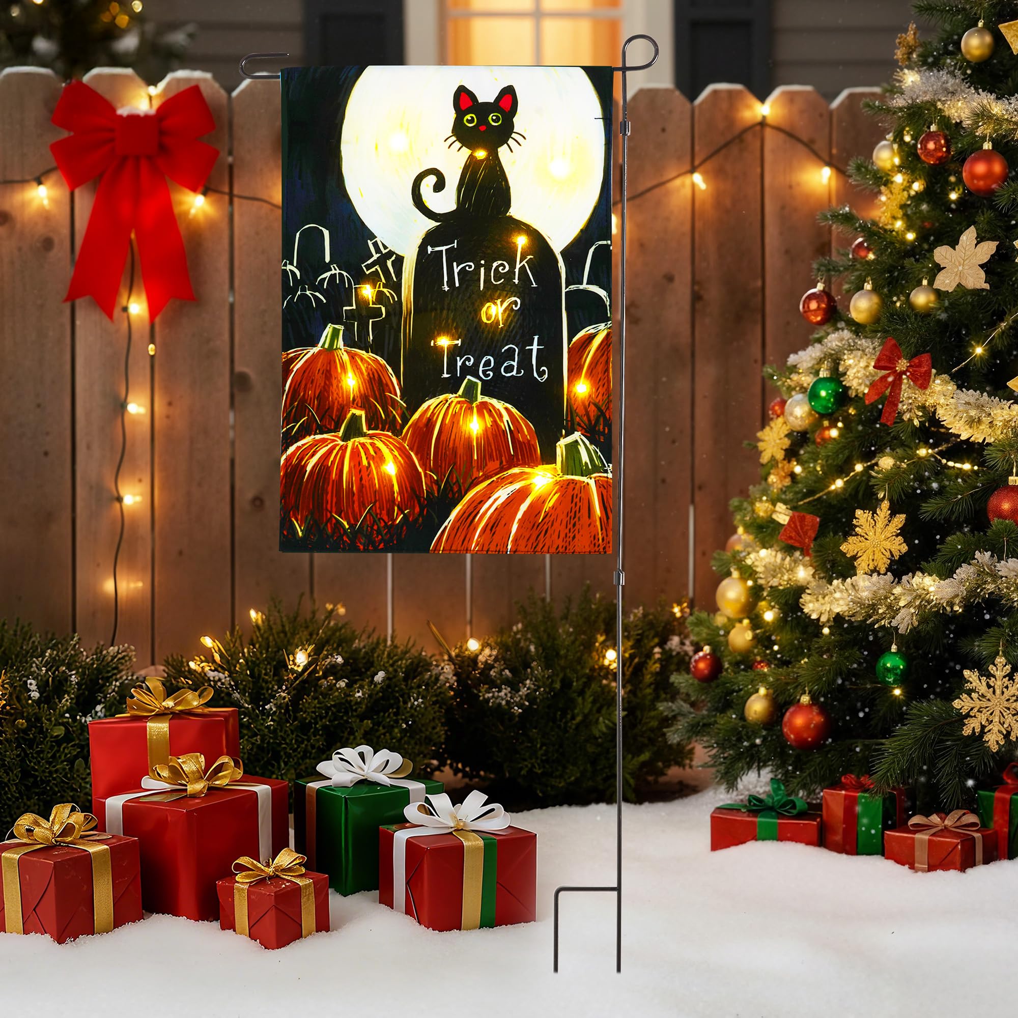 Solar Lighted Christmas Black Cat & Pumpkin Garden Flag Stake, Double-Sided Outdoor Yard Decor, LED Flag for Patio Lawn Thanksgi