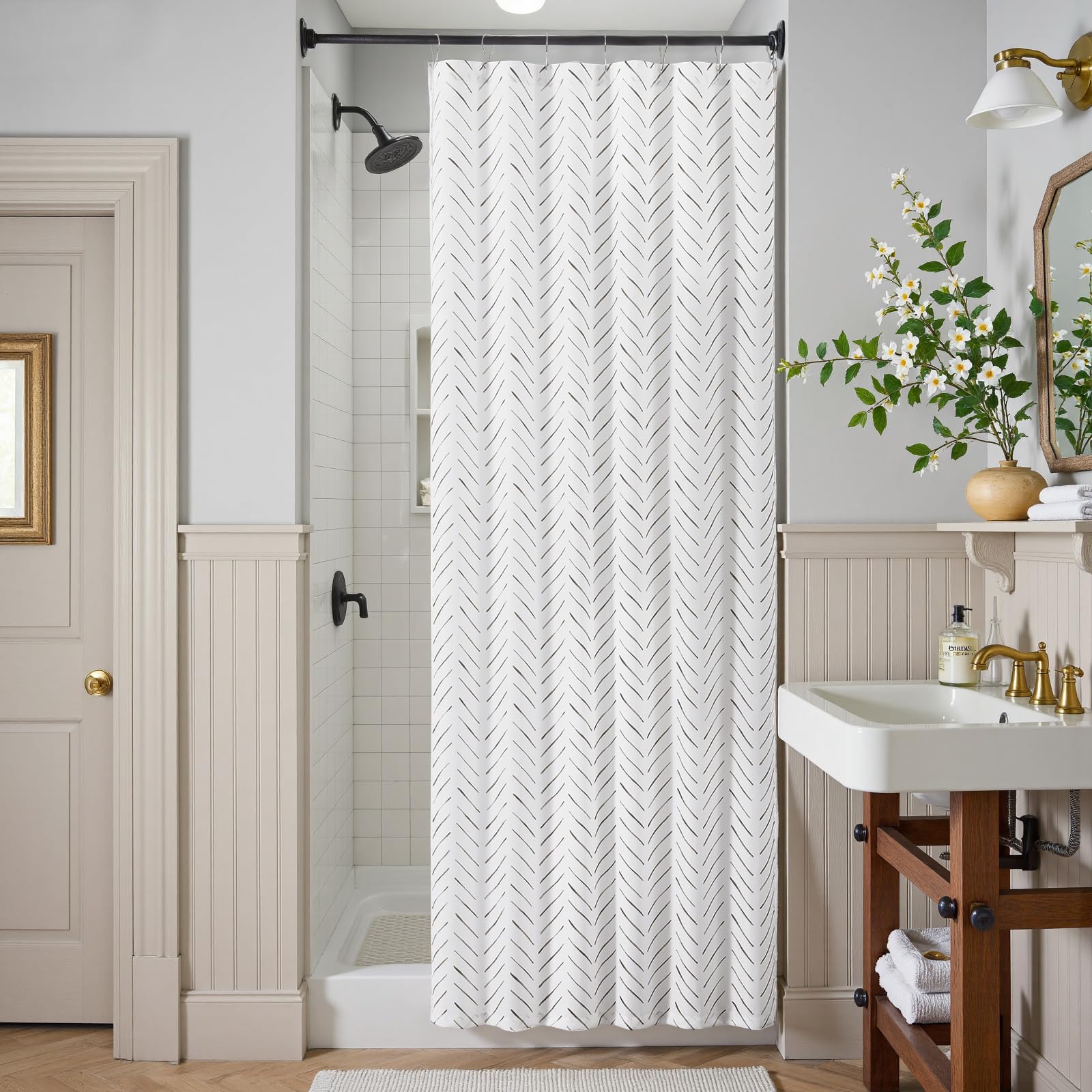 jinchan Small Stall Black and White Shower Curtain 36x72 Inches Inky Herringbone Chevron Zig Zag Waterproof Fabric Modern Farmho