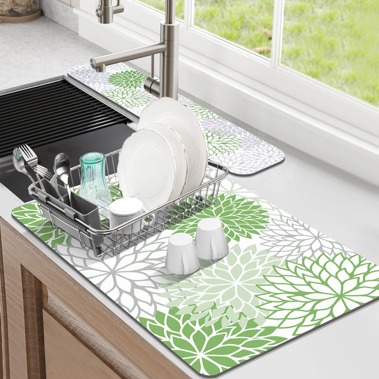 Findosom 2PCS 12 x 20 Dish Drying Mat & 24 x 5.5 Sink Splash Guard, Super Absorbent & Cuttable Dish Mat Drying Kitchen Mat with 