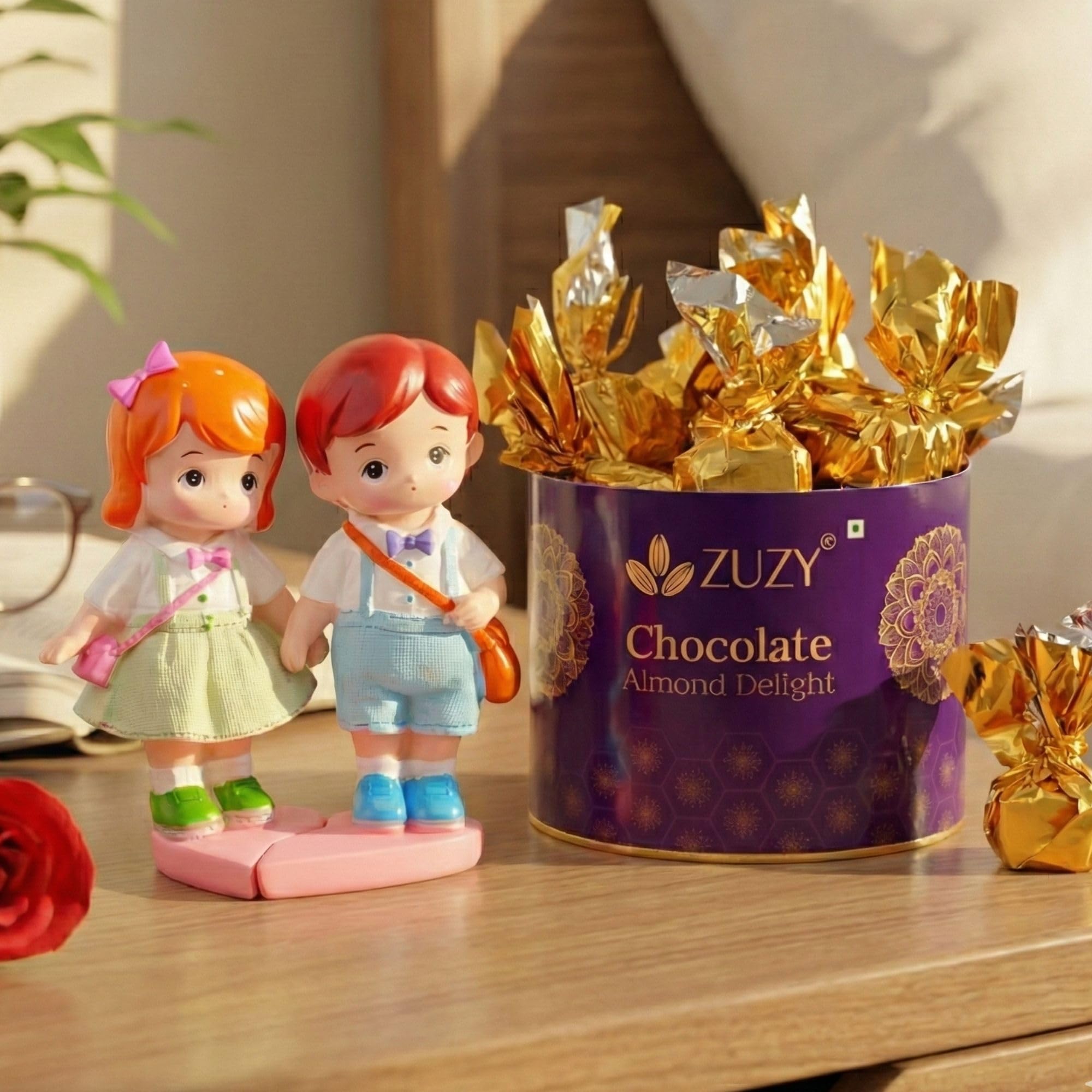 Ecraftindia Little Boy And Girl Walking To School Lovely Miniature Statue Zuzy Almond Chocolates Gift Box Valentine Gift For Gir
