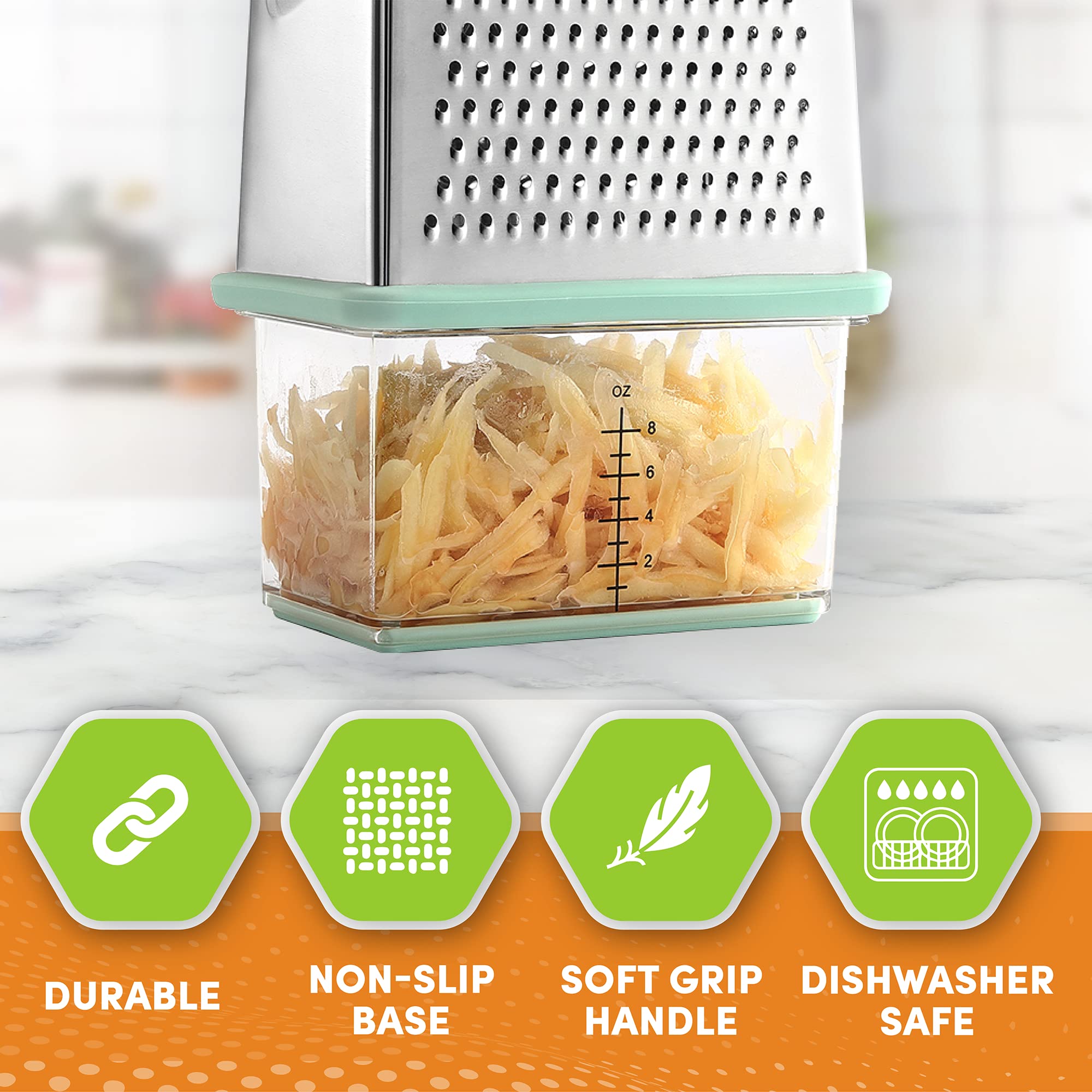 Spring Chef Box Grater - Stainless Steel, 4-Sided, Mint, 10" with Storage Container, Model A1