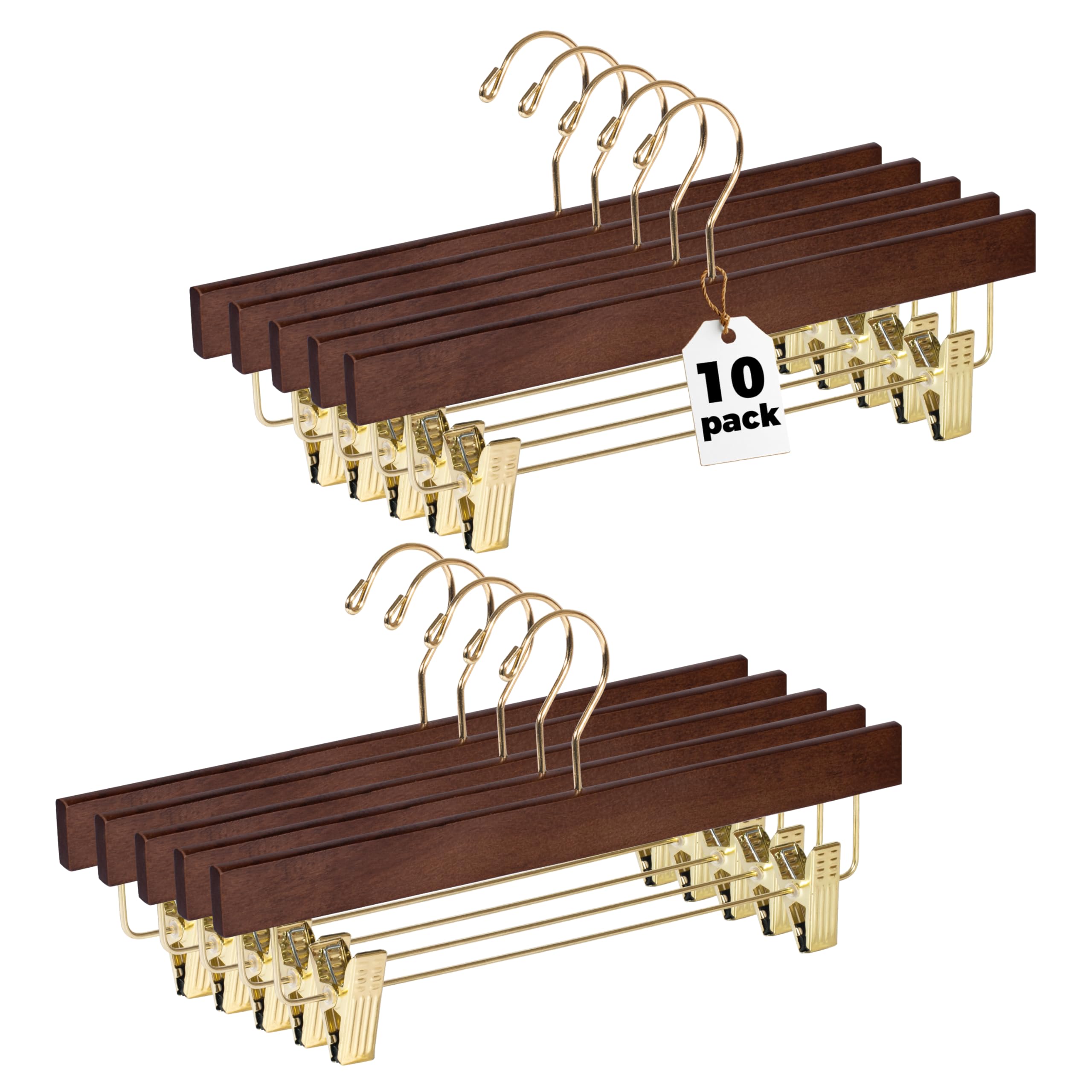 Quality Wooden Pants Hangers Skirt Hanger Jeans Hanger Bottom Hanger  Swivel Hook  Adjustable Clips (Walnut - Gold Hook  10)