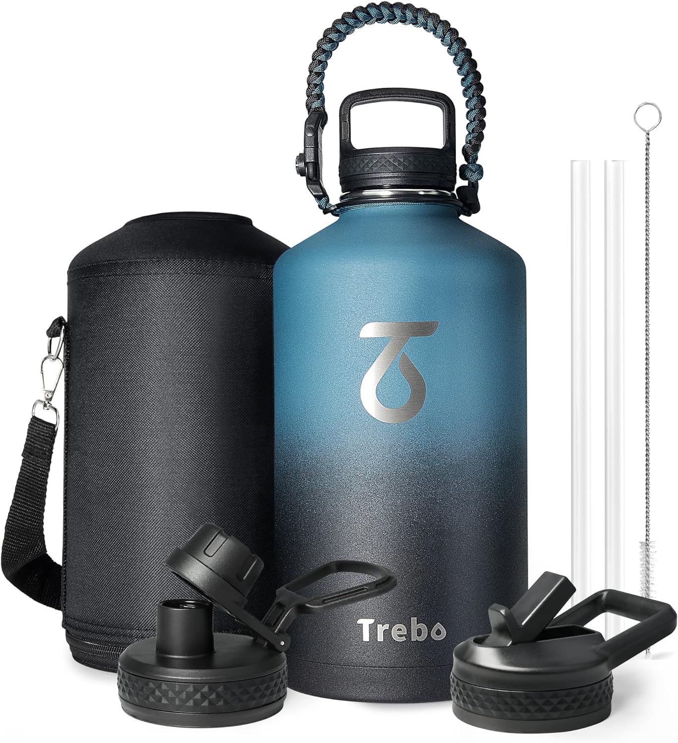 Trebo 128oz Water Bottle Insulated with Paracord Handle  One GallonStainless Steel Sports Large Jug Food-grade Double Wall Vacuum with Straw Spout Handle Lids  Leakproof Keep Cold & Hot  Indigo Black