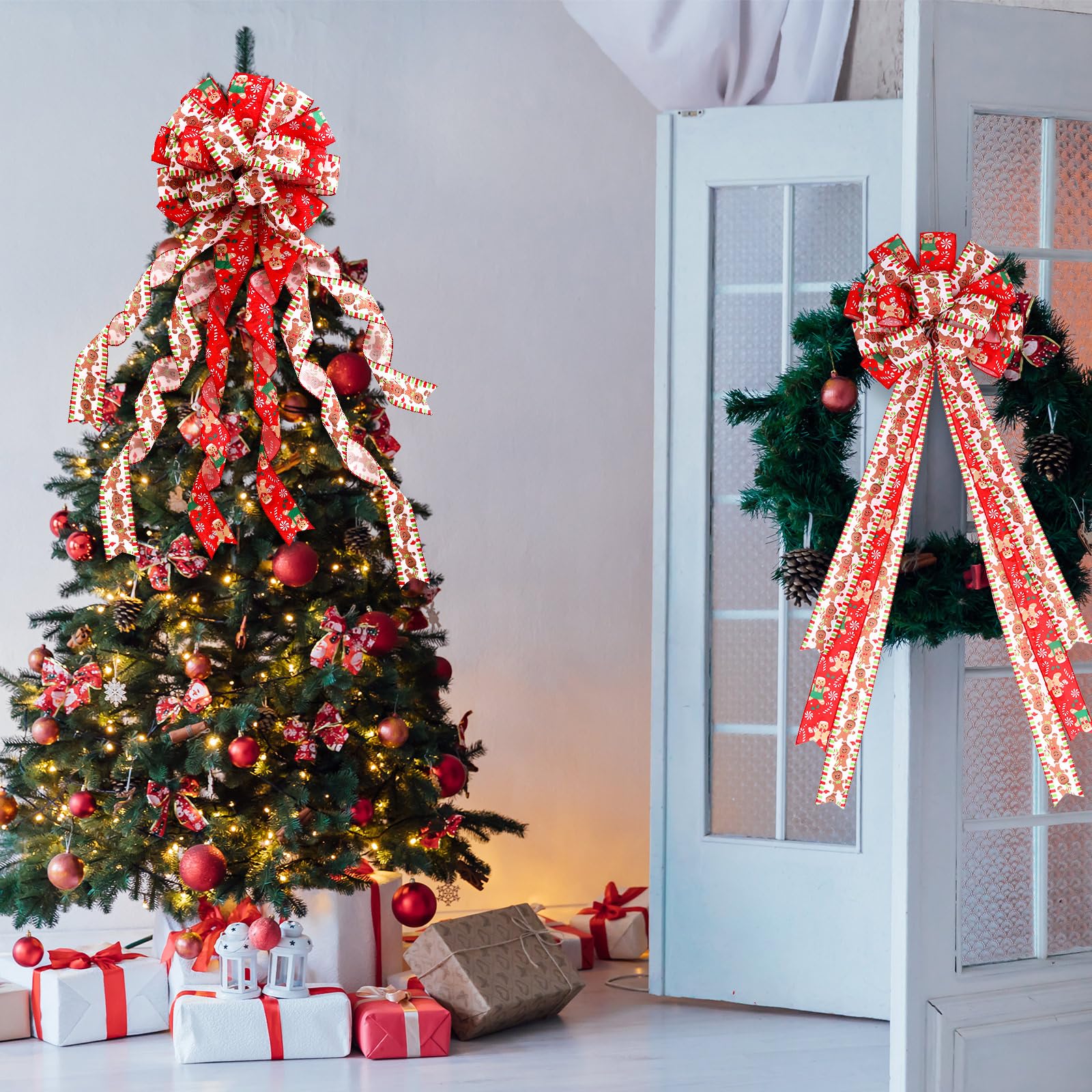 Realspring Gingerbread Christmas Tree Topper Bow 45x12 Large Gingerbread Christmas Decorations Ribbon Bow Gift for Xmas Wreath O