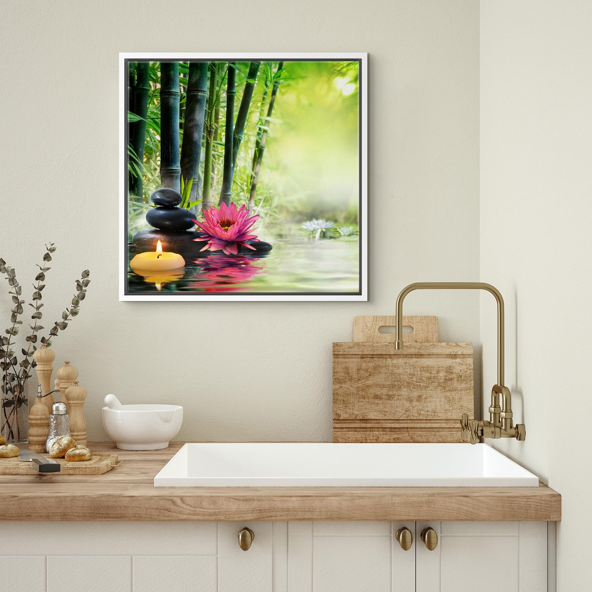 Wall26 Framed Canvas Print Wall Art Water Lily, Zen Stones, Candle & Bamboo Forest Floral Nature Digital Art Modern Art Rustic R