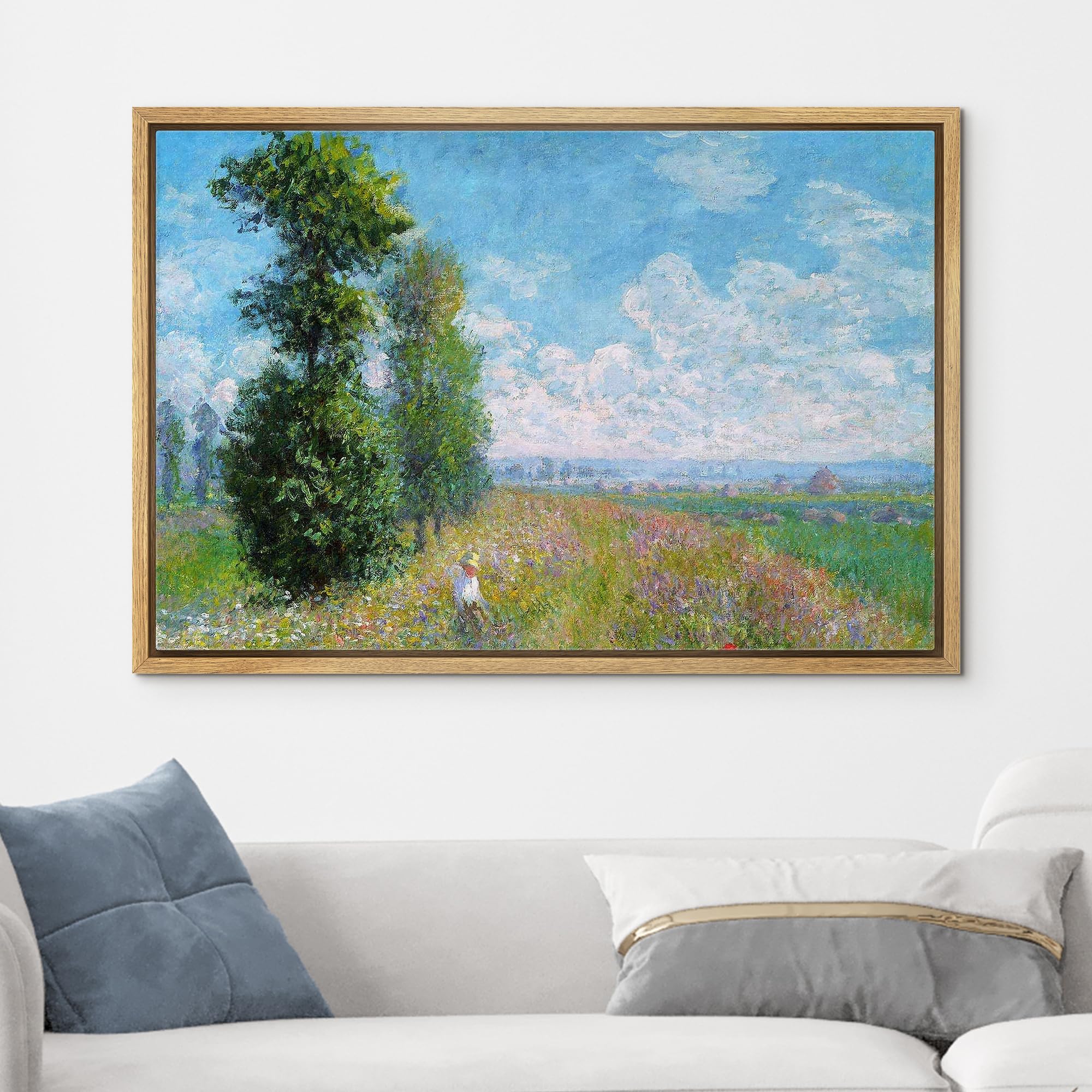 Wall26 Meadow With Poplars By Claude Monet - Impressionist Modern Art - Framed Canvas Art Home Art - 16''X24'' Natural