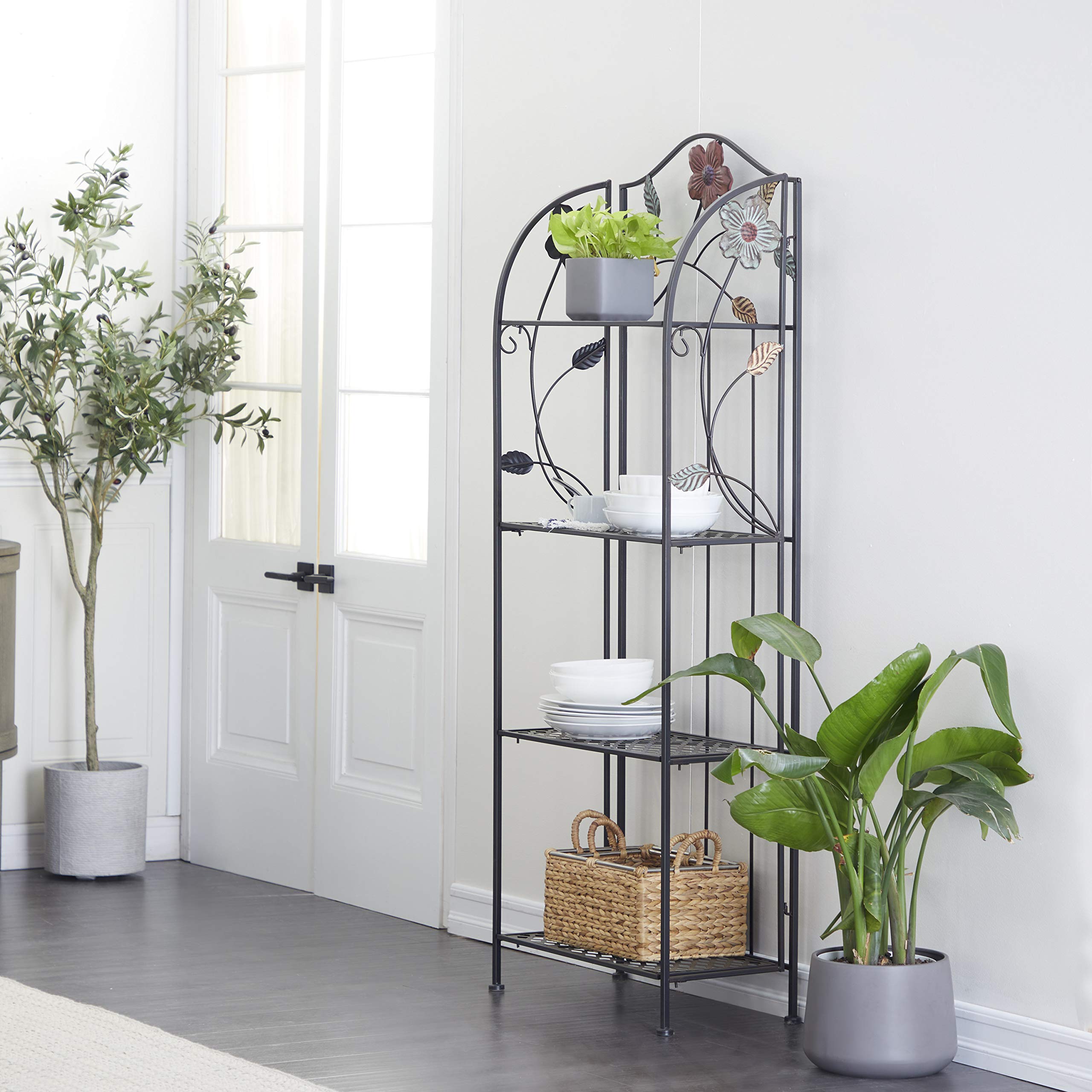 Deco 79 Metal Floral Indoor Outdoor Tall Folding 4 Shelf Bakers Rack, 25'' X 12'' X 68'', Black