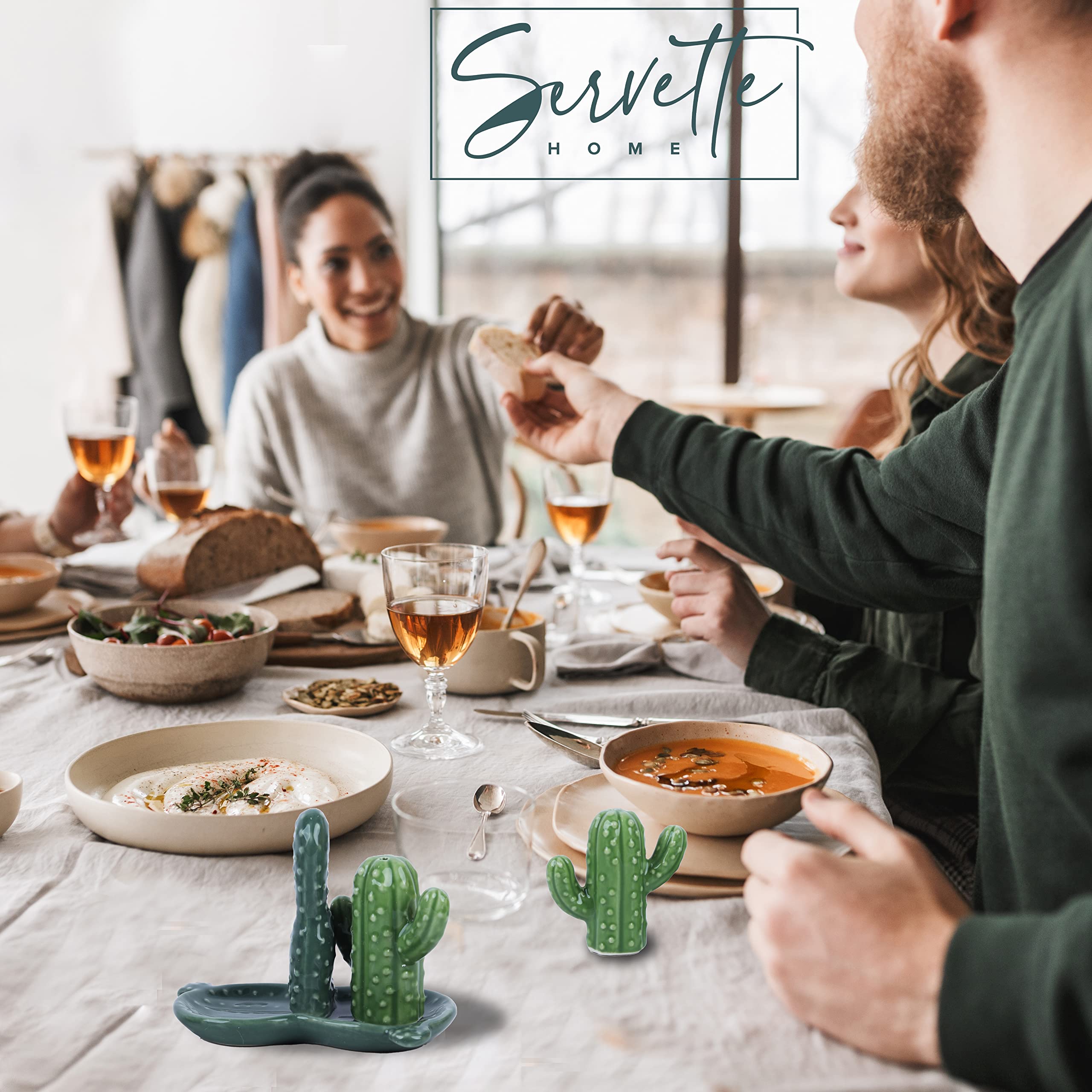 Ceramic Stovetop Set With Salt And Pepper Shakers And Spoon Rest - Cactus