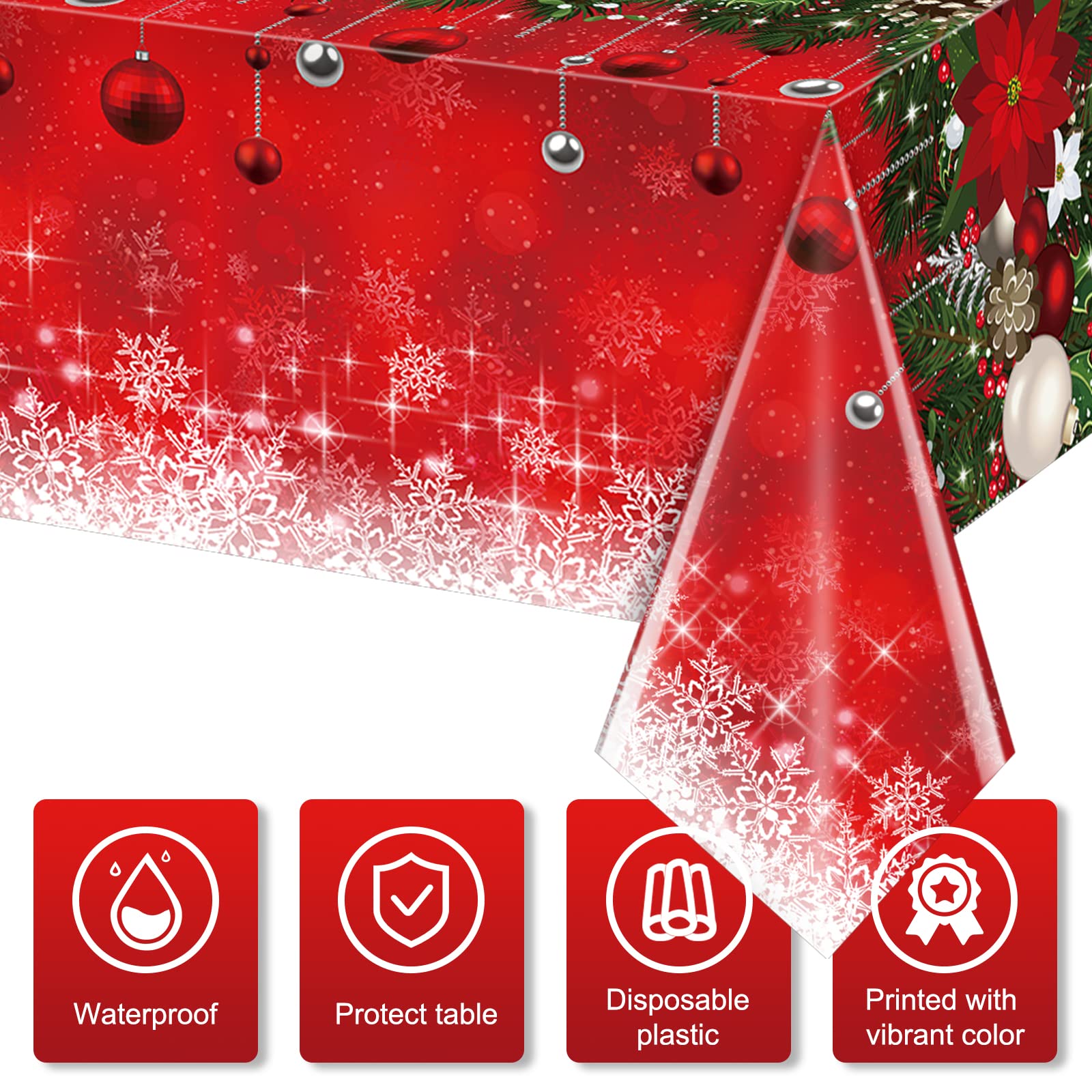 Jectivs 1Pieces Merry Christmas Tablecloth Plastic Christmas Tree Ball Table Cover Rectangle Winter Snowflake Tablecloth for Mer