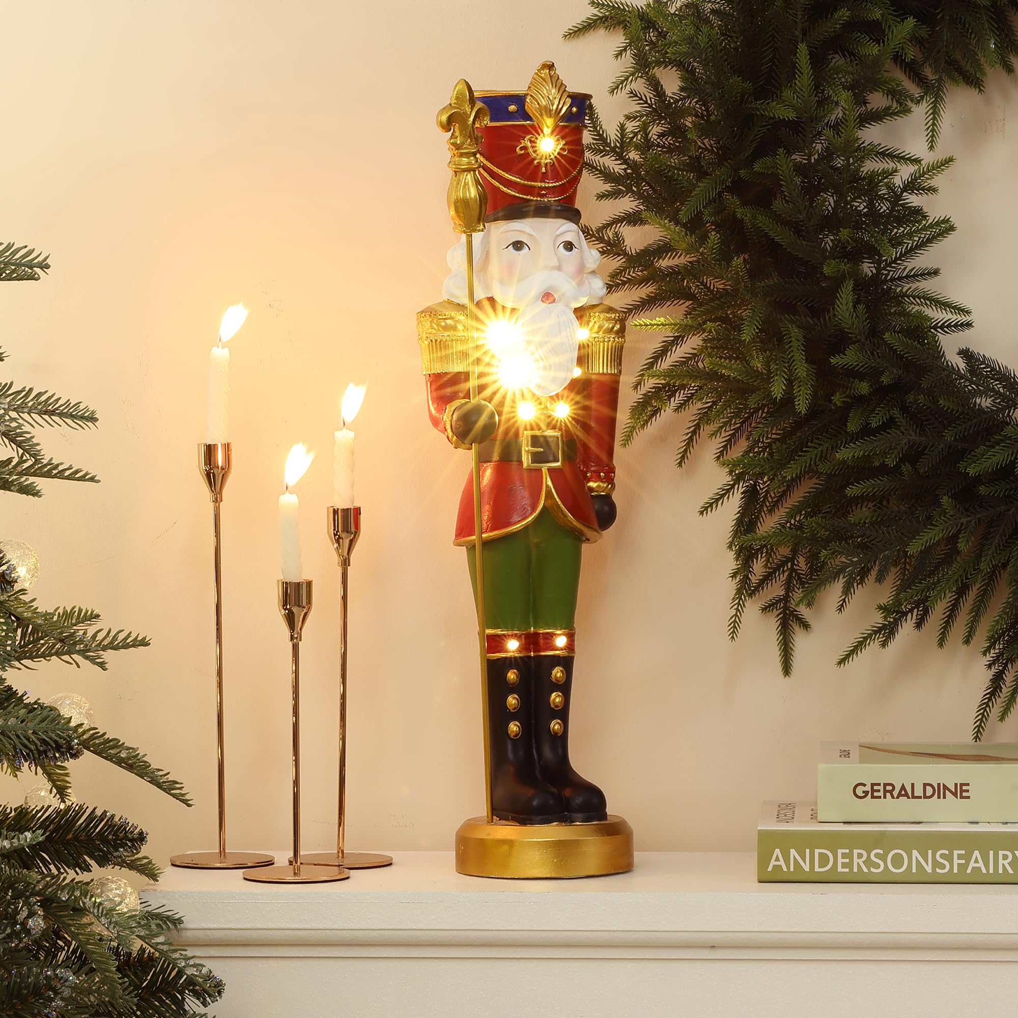 LuxenHome 2FT Tall Nutcracker Christmas Decoration, Lighted Holiday Nutcracker Soldier Statue with Black Belt and Scepter, Chris