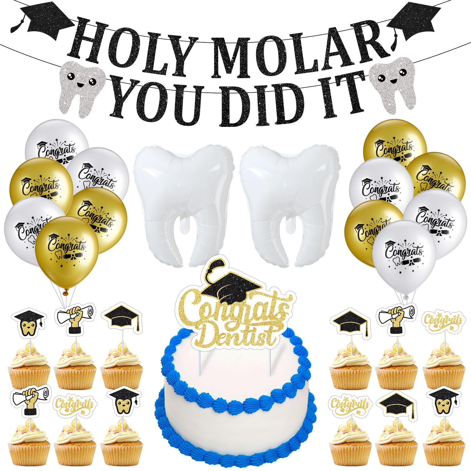 Colingmill 30 Pcs Dentist Graduation Party Decor 2026 Congrats RDH Dental Graduation Kit with Pull Flags Cake Sticks Tooth Ballo