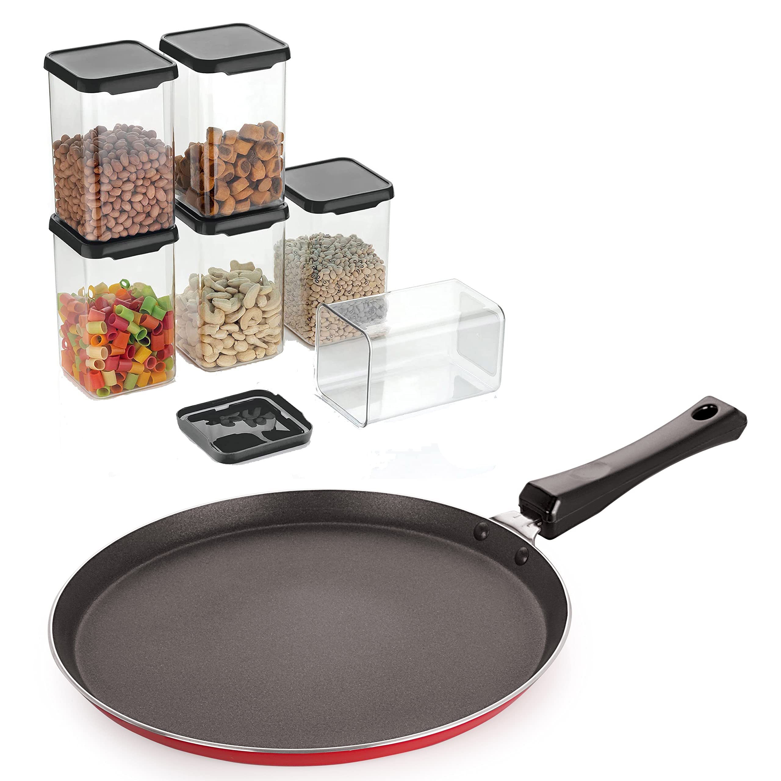 Nirlon Non Stick Aluminum Non Induction Base Flat Tawa 27.5Cm With 6Pcs Air Tight Square Plastic Containers Set 1100 Ml Combo Se