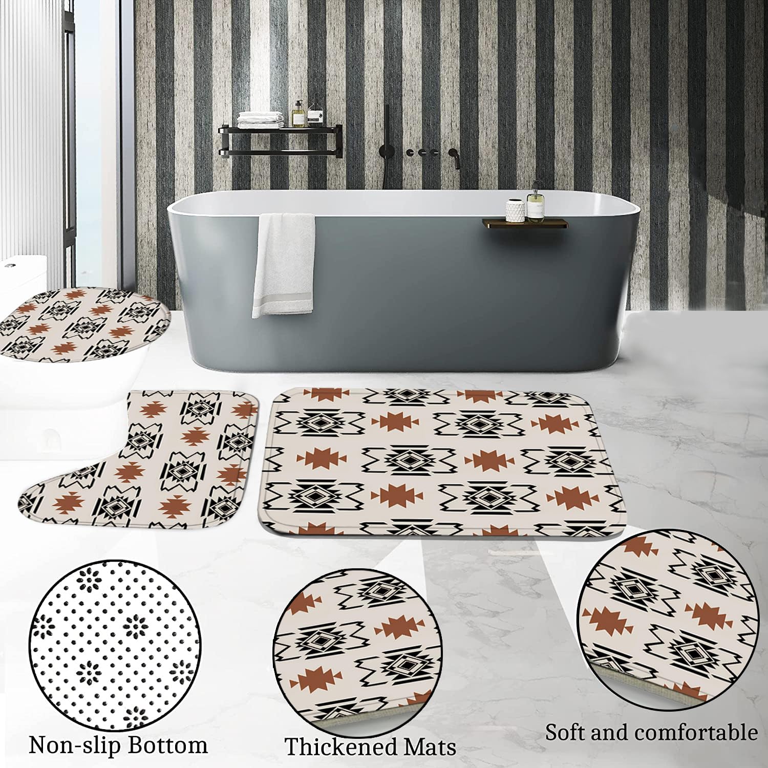 Pretyw 4-Piece Western Aztec Shower Curtain Set Geometric Vintage Bathroom Set With Shower Curtain And Rugs, Boho Abstract Patte