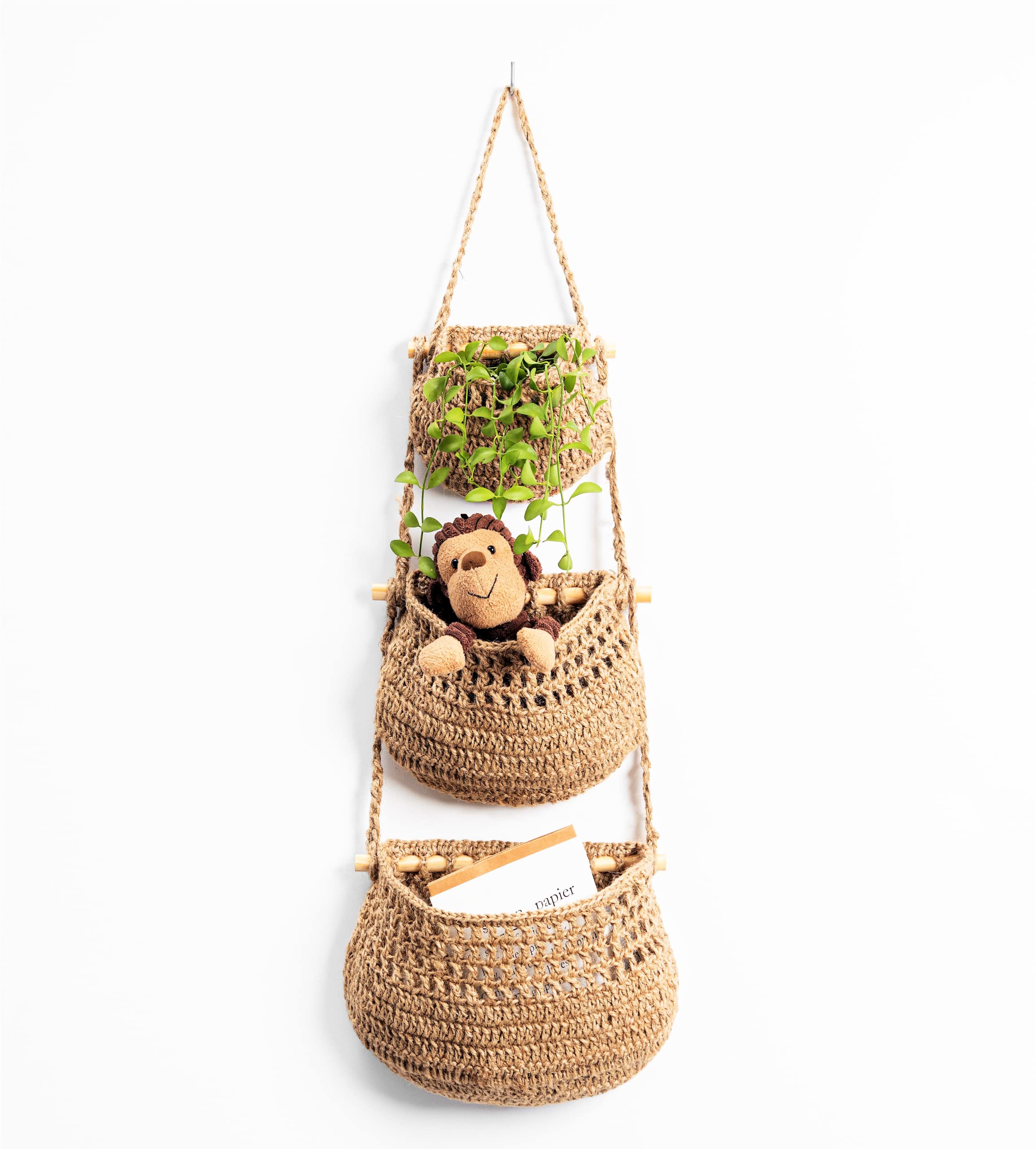 Hanging Fruit Basket, 3 Tier Woven Jute Wall Hanging Basket For Organizing, Hanging Produce Basket For Fruit & Vegetable Storage