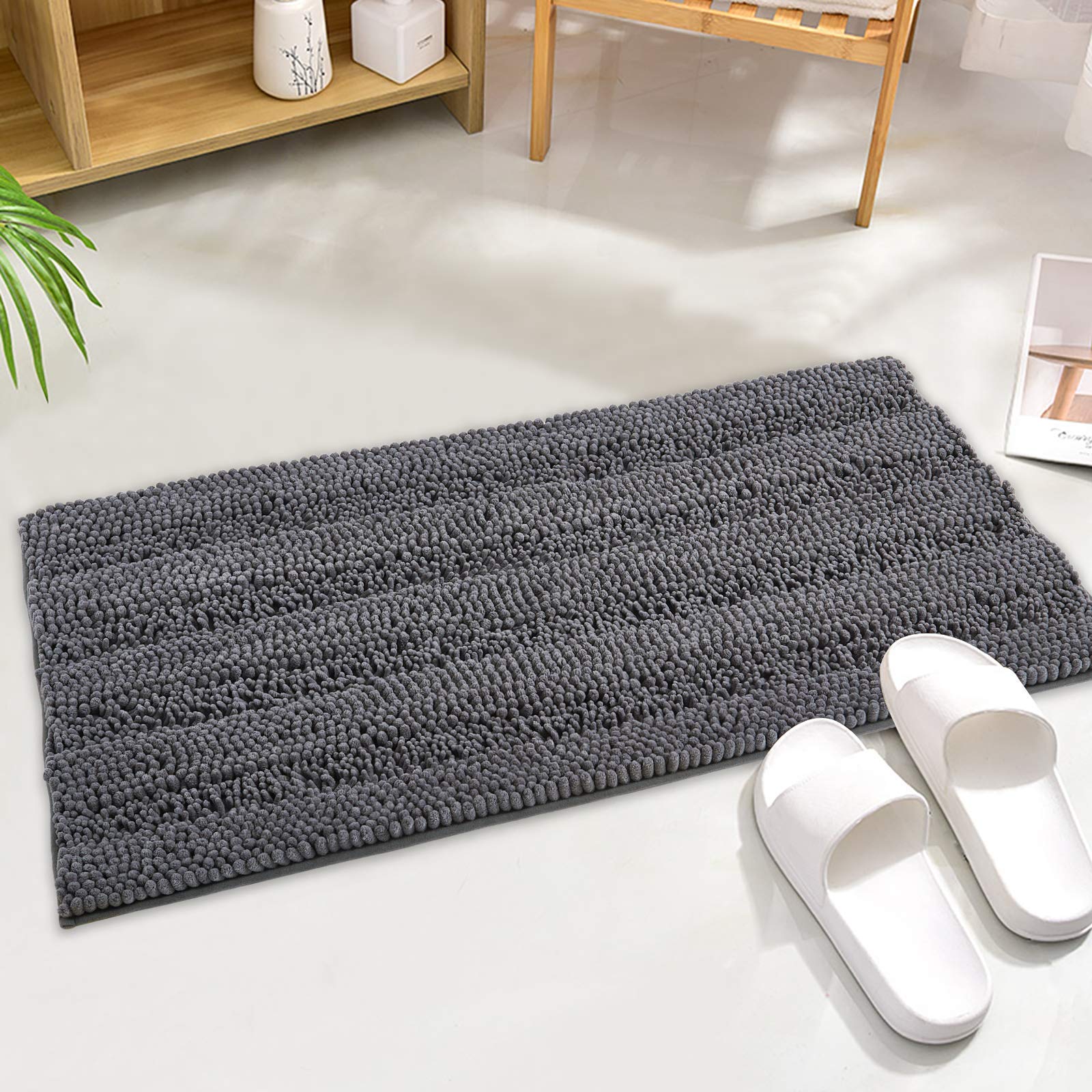 Grey Bath Mat - Quick Drying Soft Bathroom Rugs Non-Slip Absorbent Machine Washable Shaggy Chenille Shower Carpet For Tub Kitche