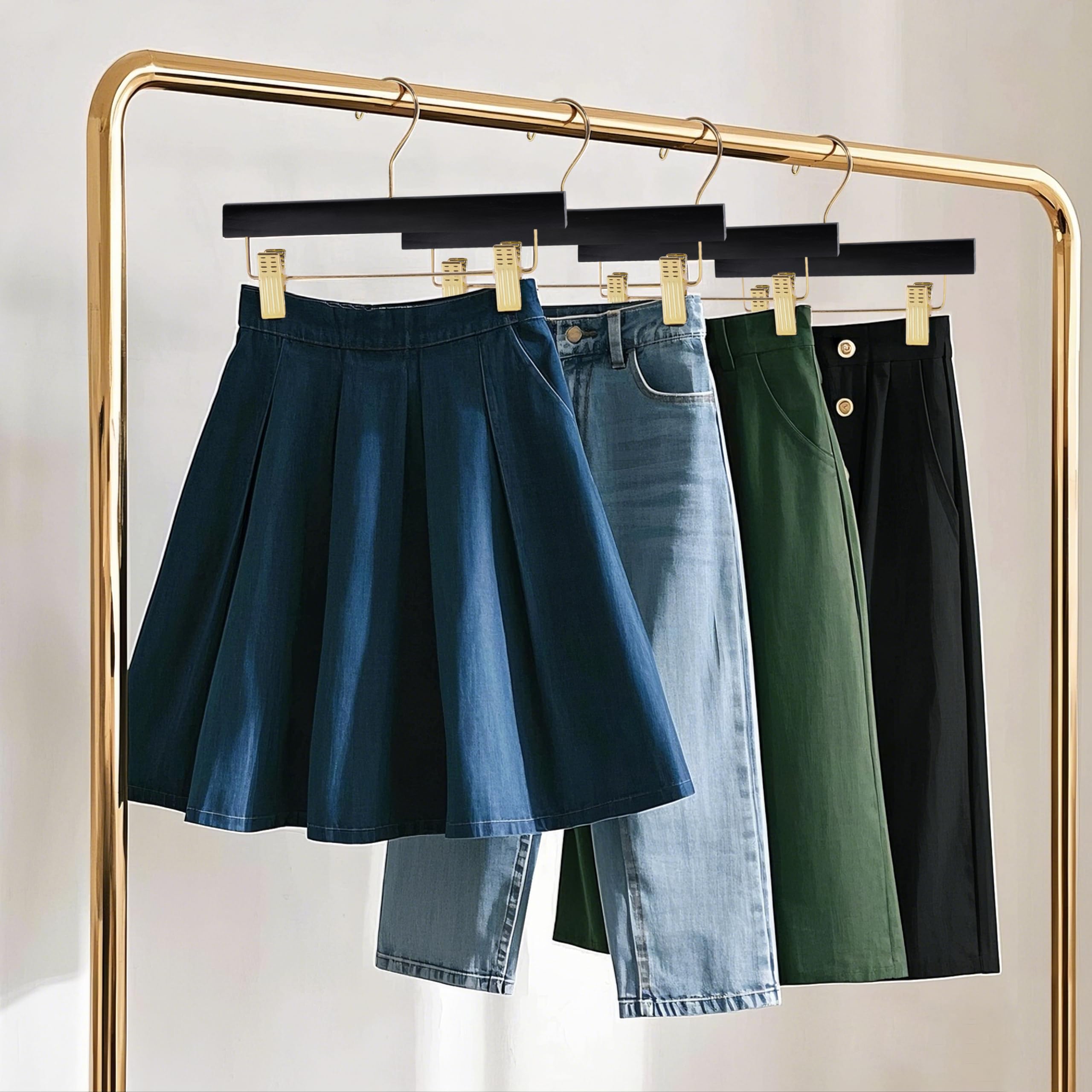 Quality Hangers Black Wooden Pants Hangers - 20-Pack Swivel Hook Cloth Hanger Set - Lotus Wood Skirt  Pant  Shorts and Slack Hangers with Adjustable Clip - Black Clothing Hanger (Gold Hook  20)