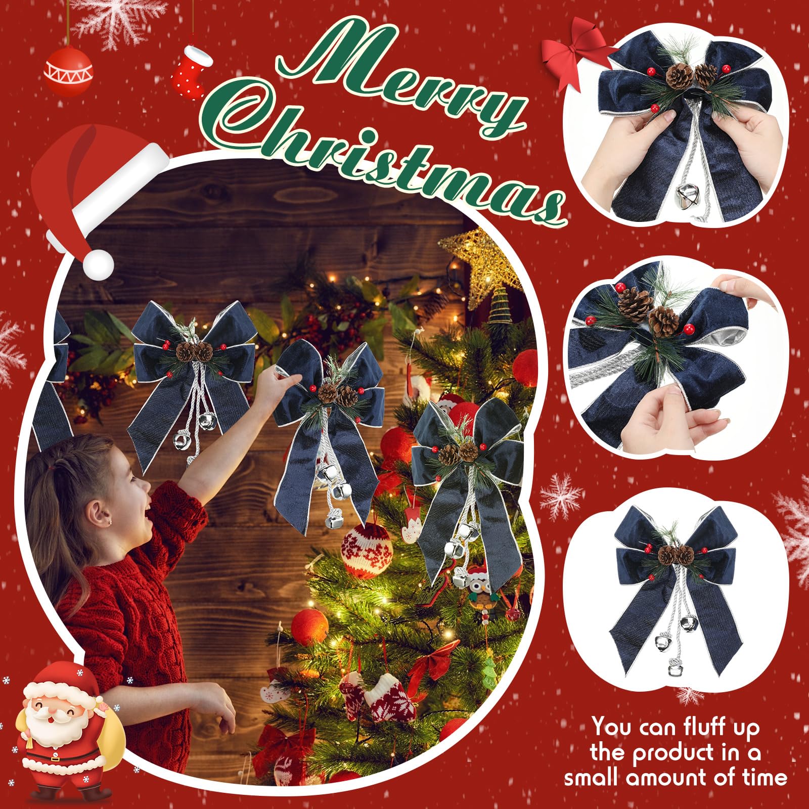 Yinkin Christmas Tree Wreath Bow Christmas Ribbon Bows with Bells 11 x 7.8 in Velvet Pine Cone Bowknot Xmas Tree Hanging Ornamen