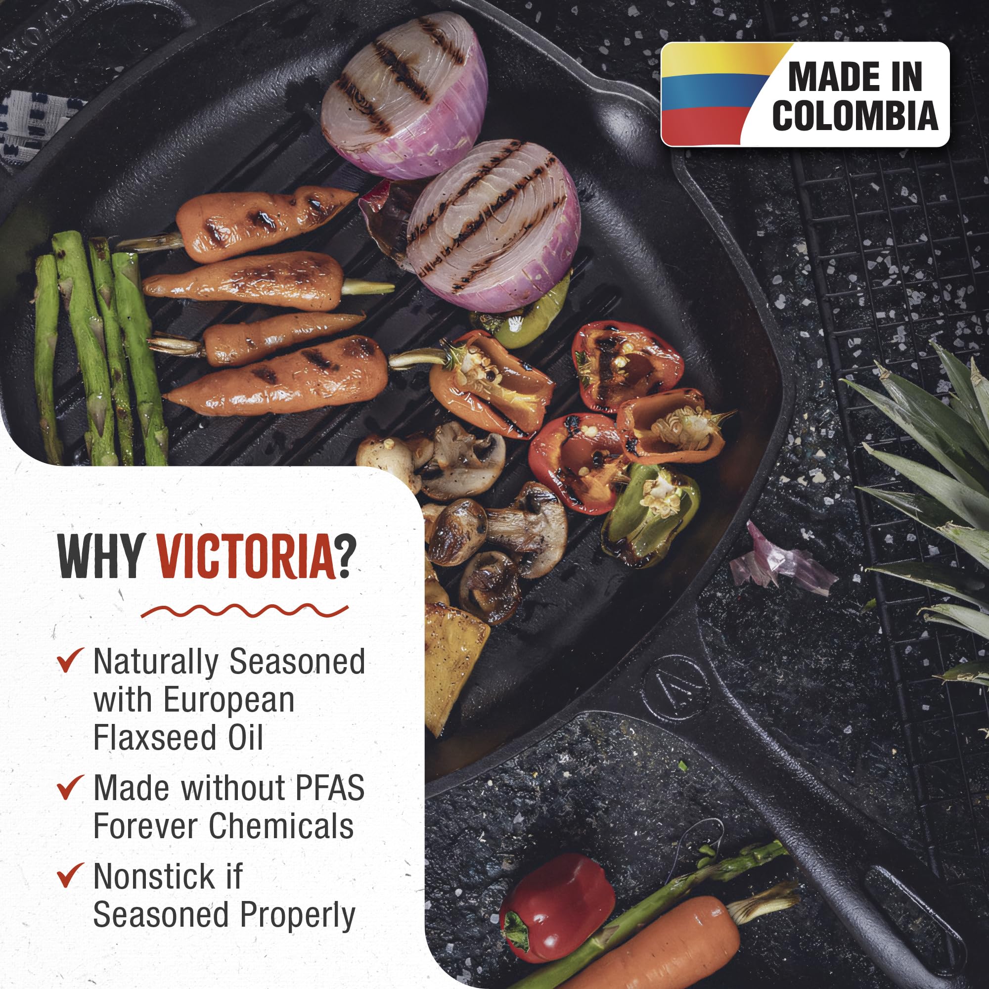 Victoria Cast Iron Grill Pan, Square 10 Inch, Seasoned with Non-GMO Flaxseed Oil, Black, Model SKL-200