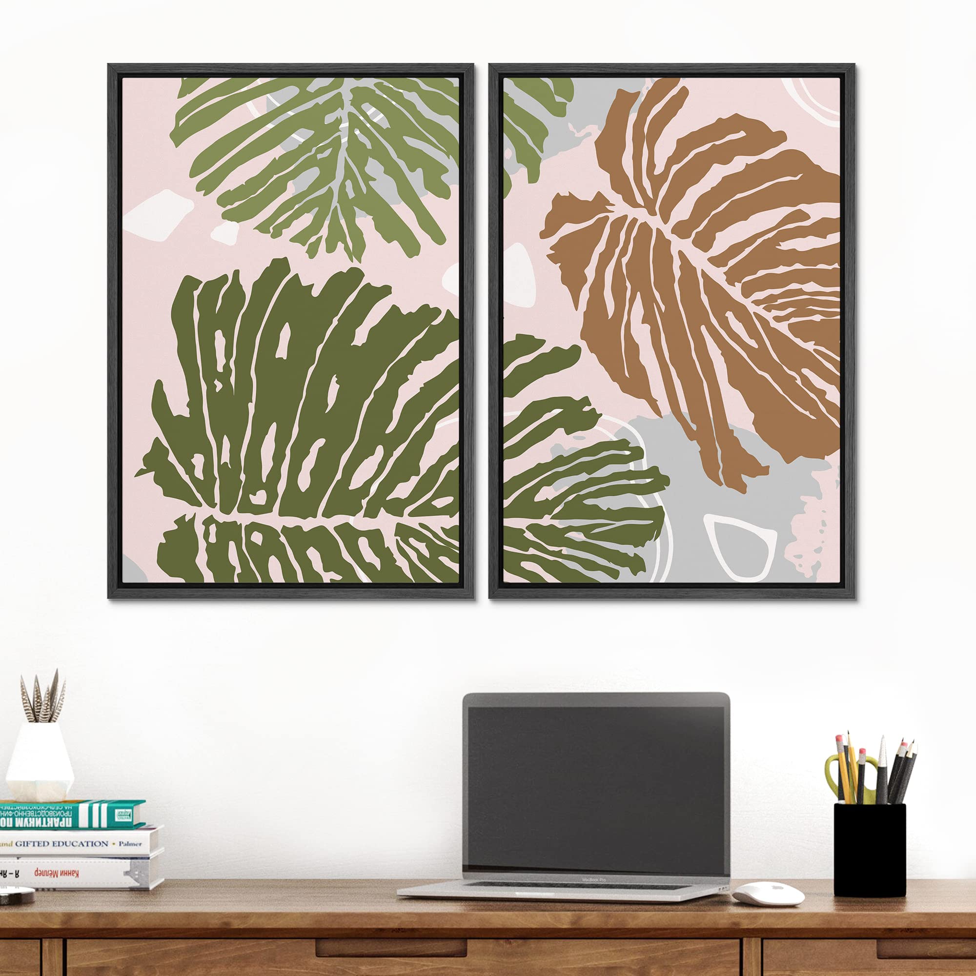 Signford Framed Canvas Print Wall Art Set Mid-Century Tropical Jungle Leaf Collage Abstract Shapes Illustrations Modern Art Deco
