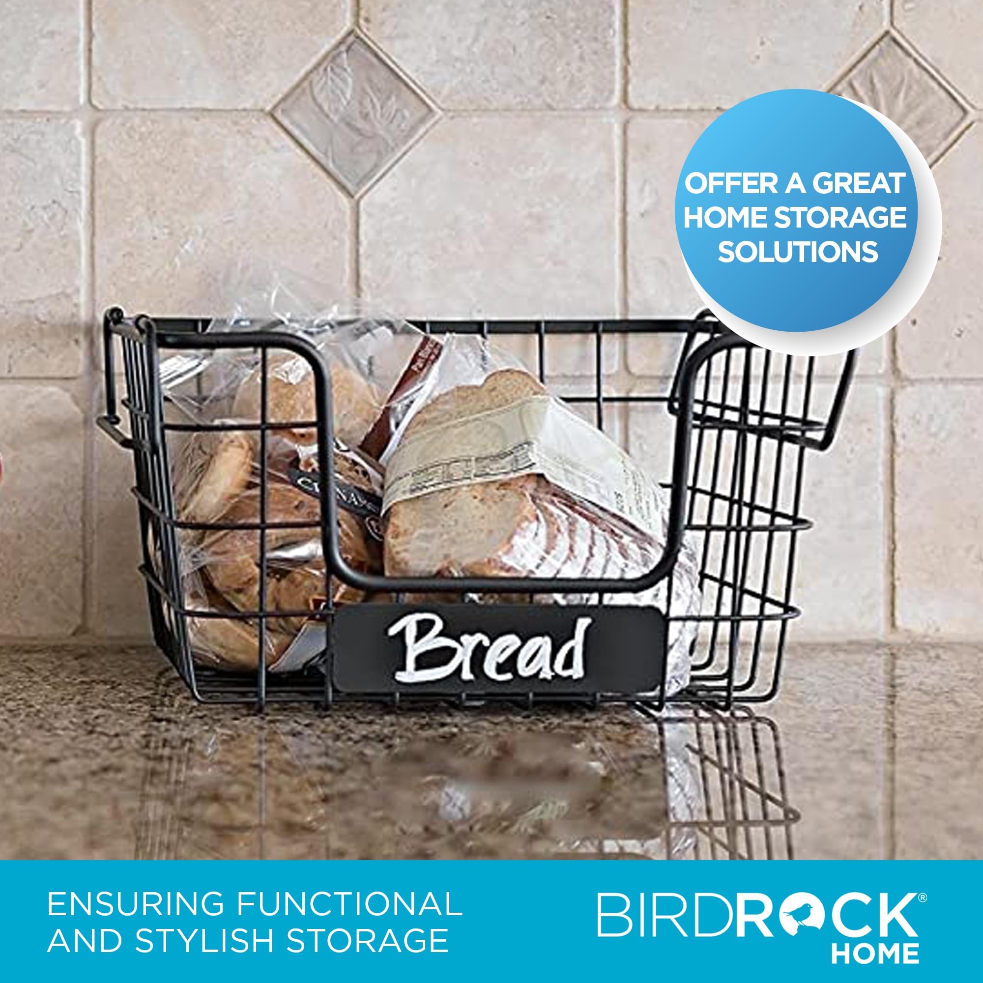 Birdrock Home Stacking Wire Market Basket W/Chalk Label - Metal Storage Bin - Kitchen Counter, Pantry Cabinet, Shelves | Fruit,