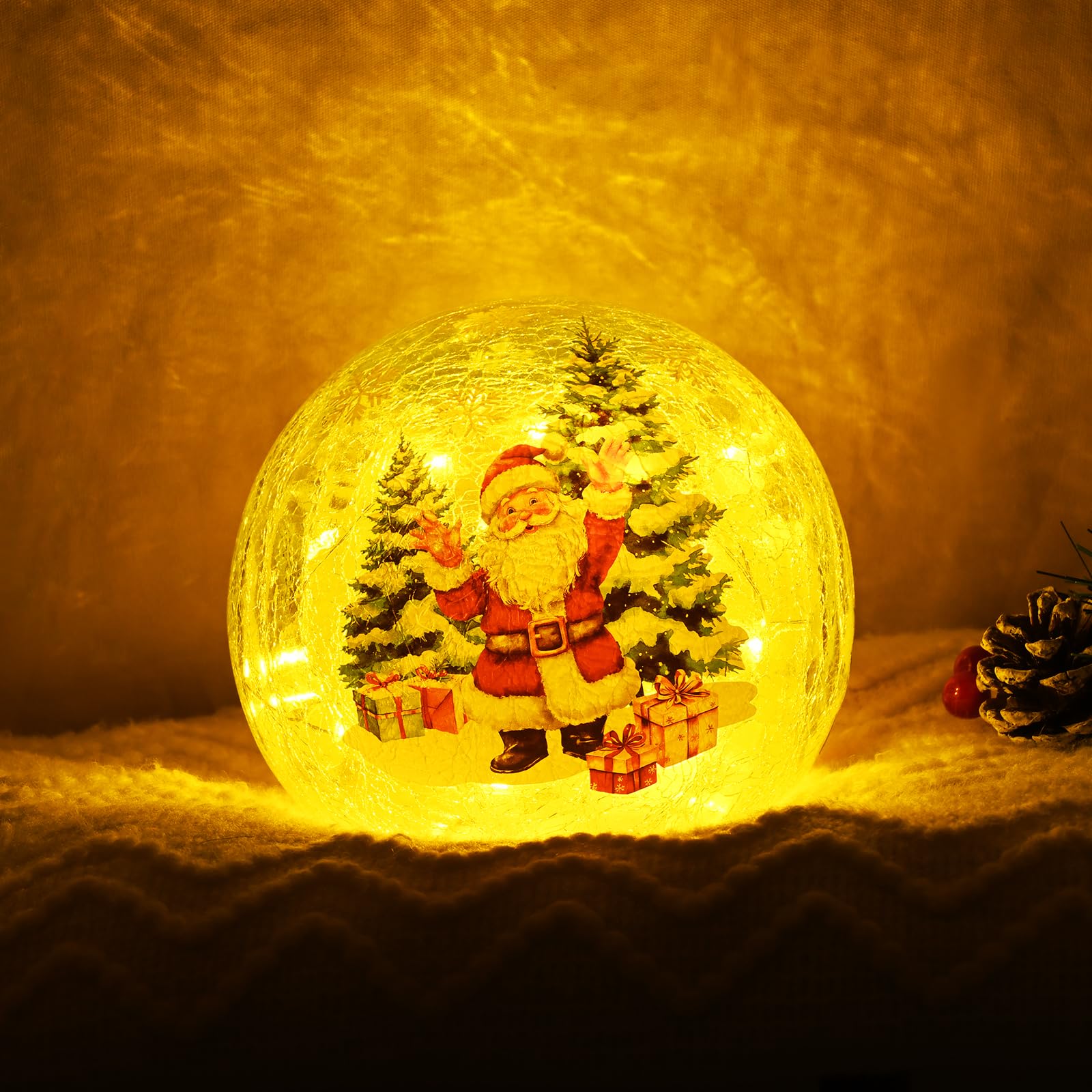 Yinhua Christmas Decorations Indoor, 5.9 Light Up Christmas Tree Crackle Glass Balls, Lighted Deer Santa Snowman Globe Light wit