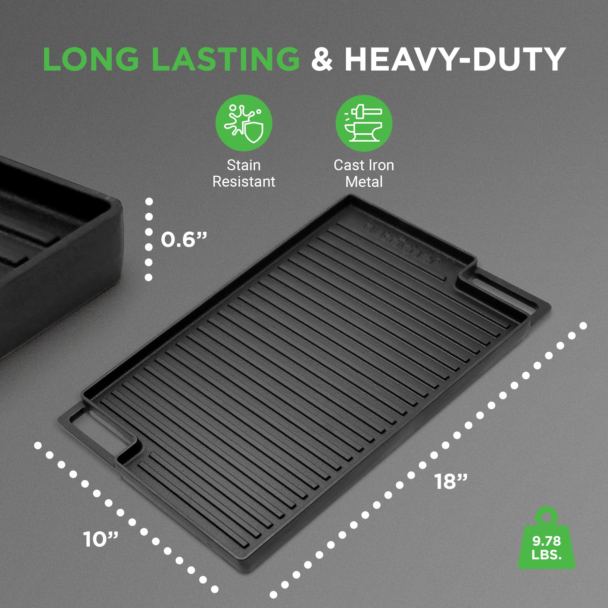 NutriChef 18" Cast Iron Reversible Grill Plate - Flat & Ridged Skillet for Gas, Electric & Ceramic Stovetops, Black, Model NCCIRG59