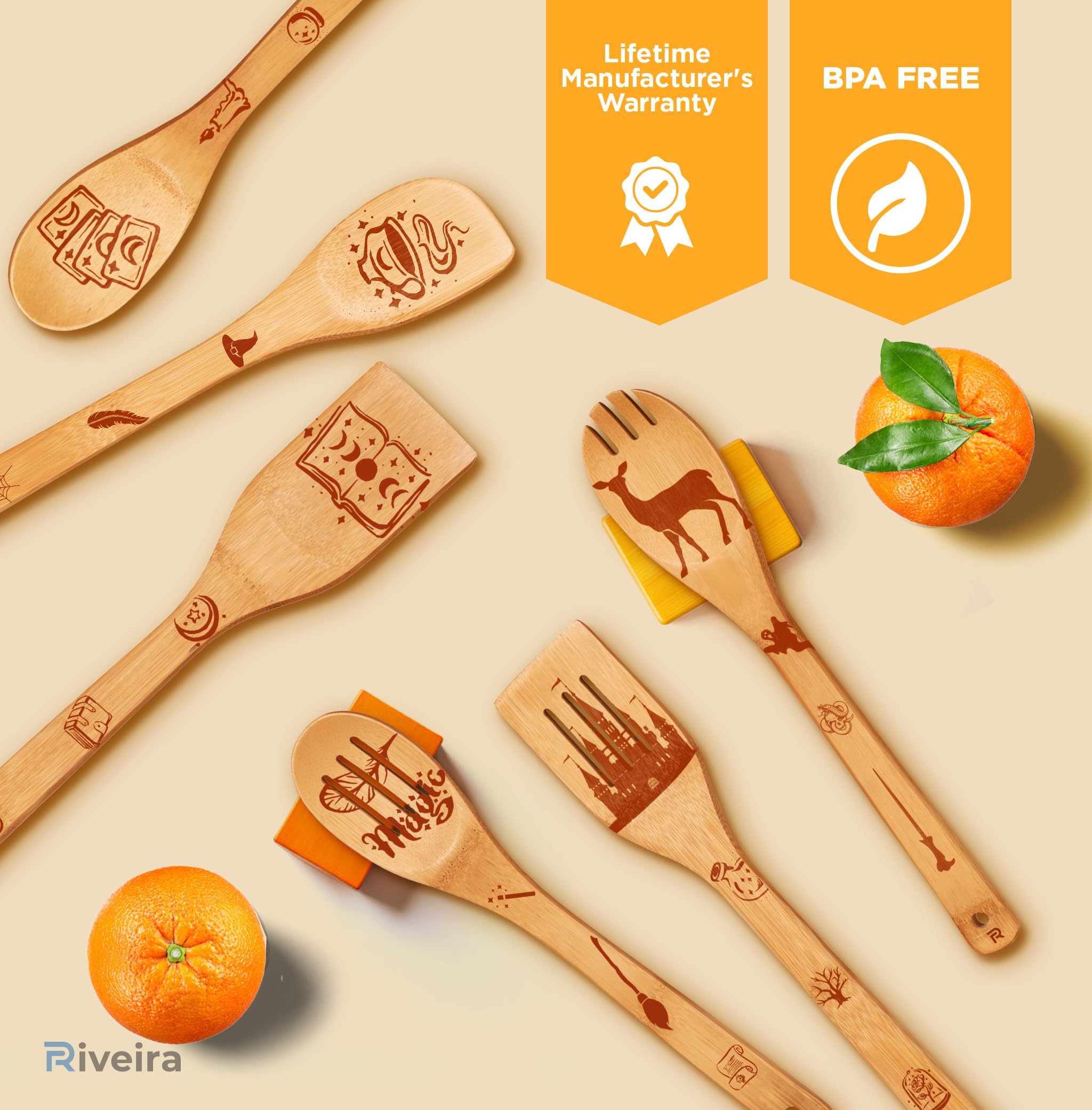 Riveira Magic Wizard Gifts Organic Wooden Spoons For Cooking Utensils Set 6-piece - Christmas Gifts For Women Kitchen Utensils S